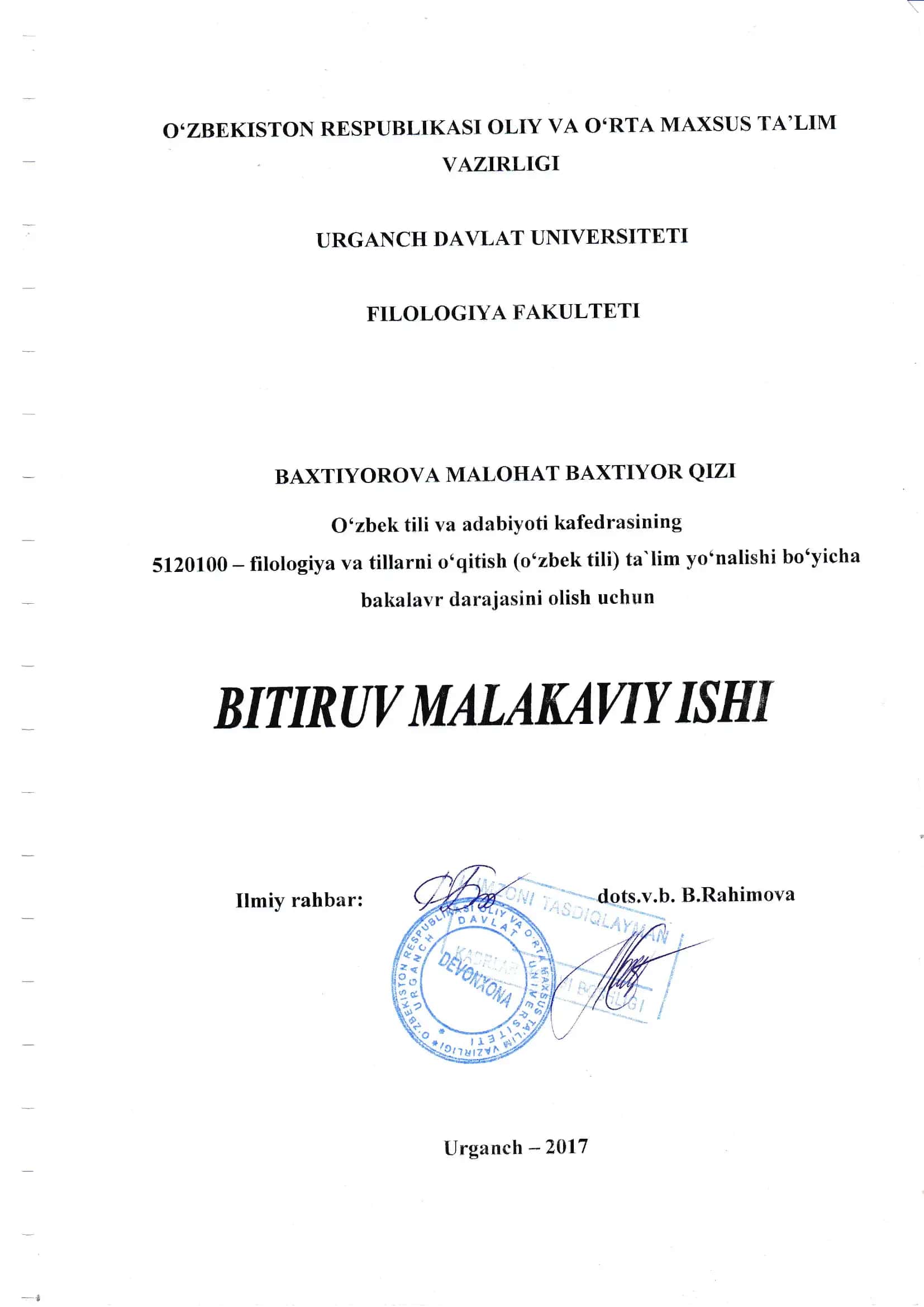 BAJARUV MALAKAVIY ISHNI KU'YICHA TOPSHIRIQLAR REJASI 1