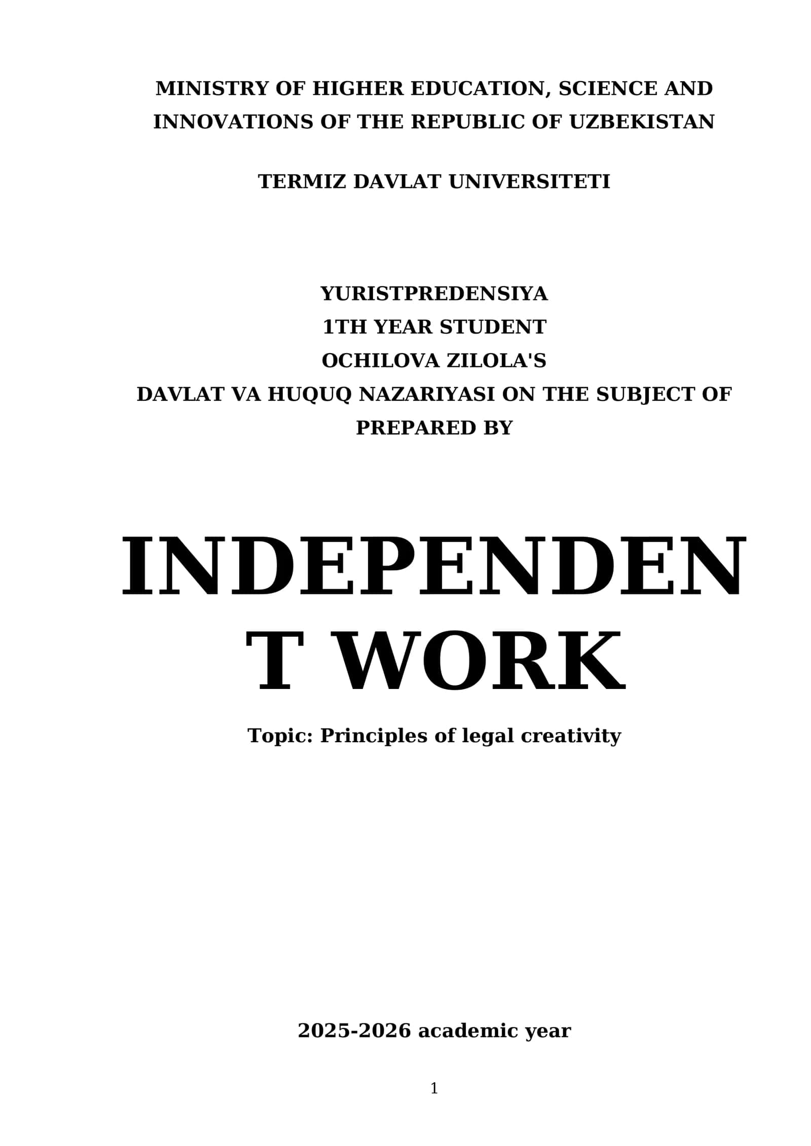DAVLAT VA HUQUQ NAZARIYASI ON THE SUBJECT OF INDEPENDENT WORK 1