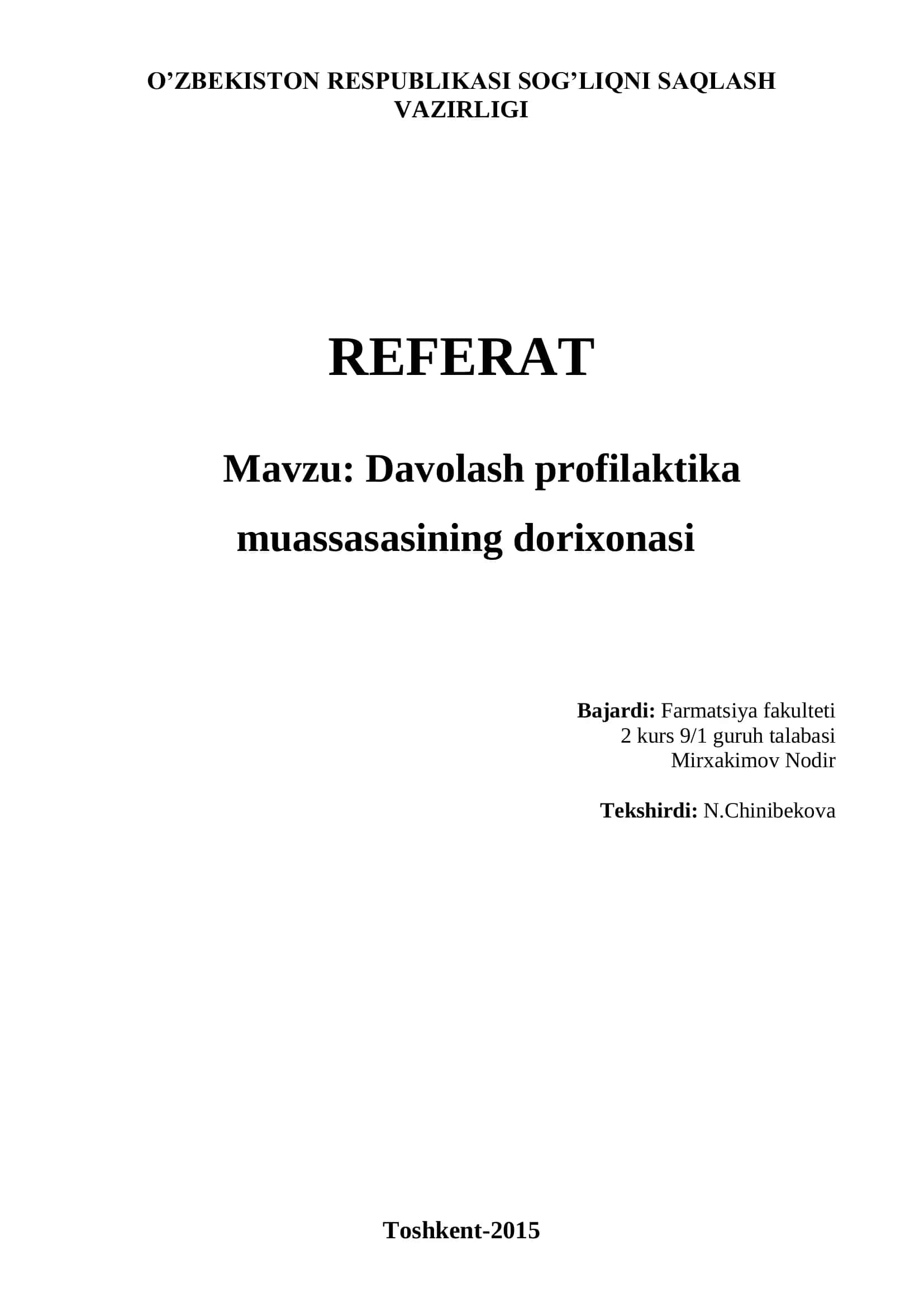 Davolash profilaktika muassasasining dorixonasi 1