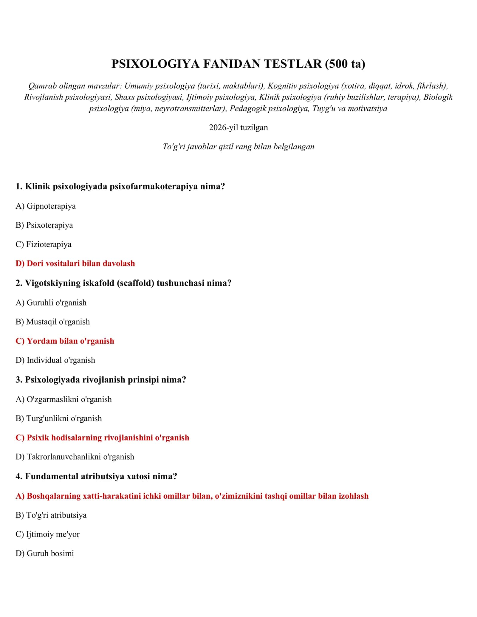 PSIXOLOGIYA FANIDAN TESTLAR (500 ta) 1