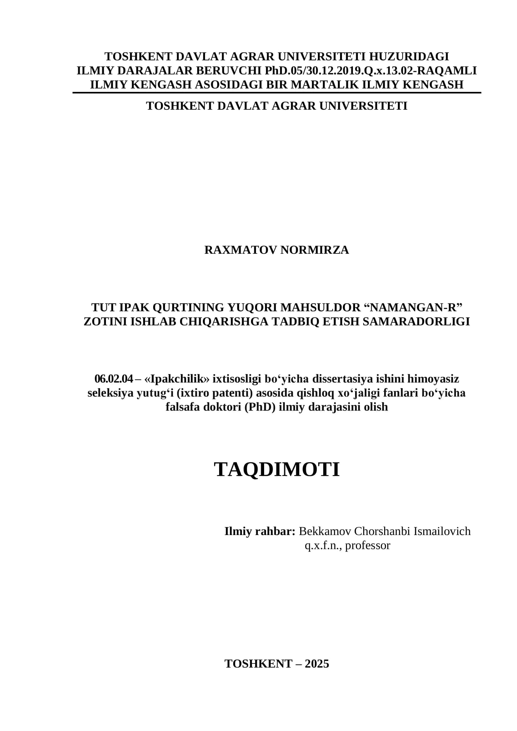 Tut Ipak Qurtining Yuqori Mahsuldor “Namangan-R” Zotini Ishlab Chiqarishga Tadbiq Etish Samaradorligi 1