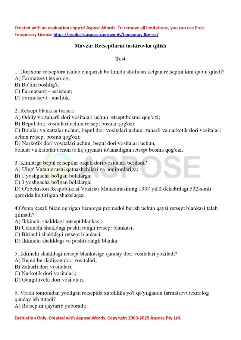 7. Retseptlarni taskirovka qilish. Test 20 ta javobi bilan. 1