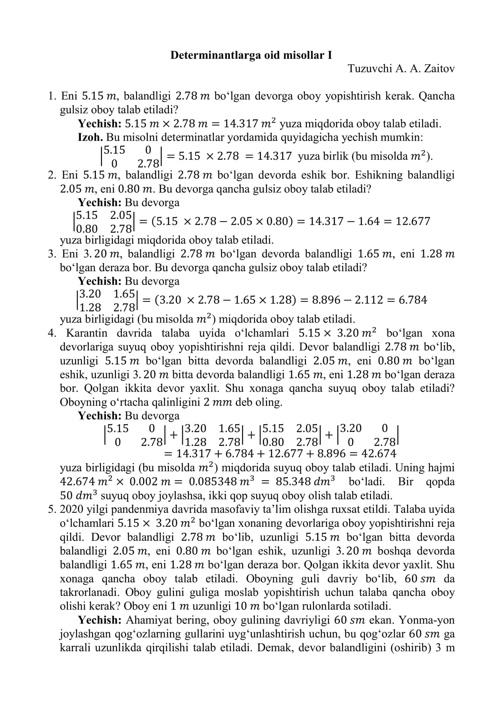 Determinantlarga oid misollar I 1