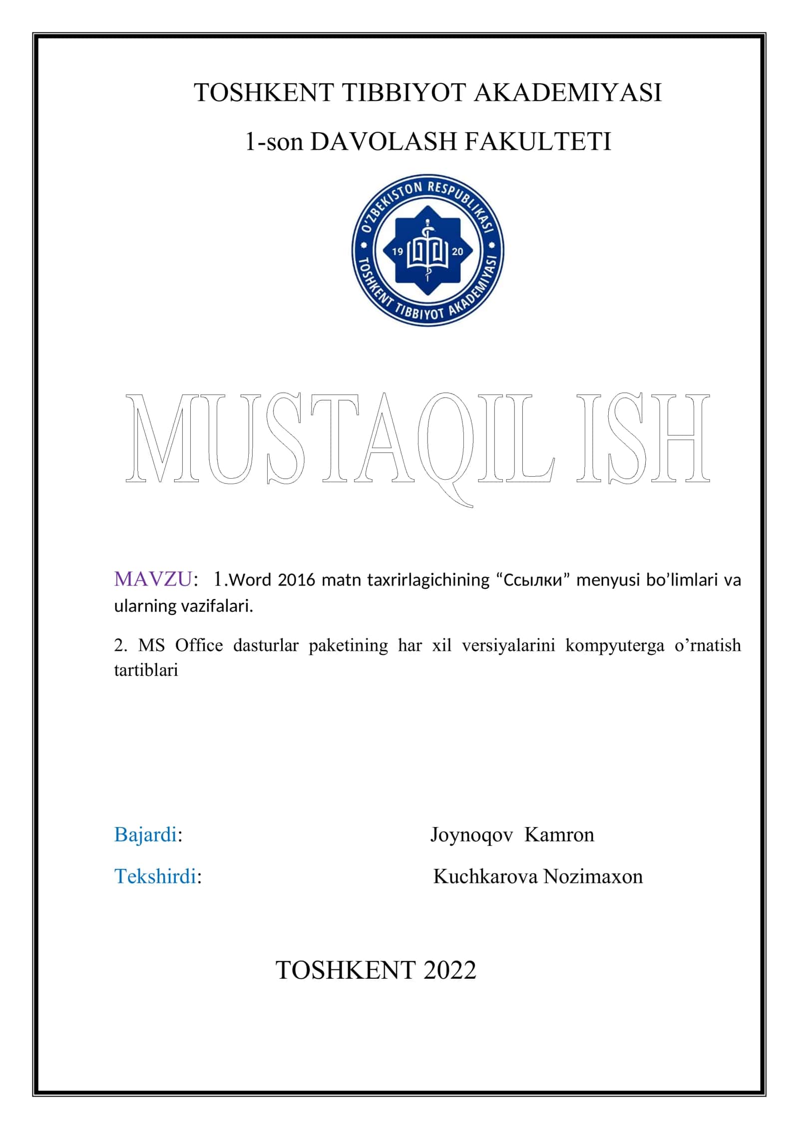 Word 2016 matn taxrirlagichining “Ссылки” menyusi bo’limlari va ularning vazifalari. MS Office dasturlar paketining har xil versiyalarini kompyuterga o’rnatish tartiblari 1