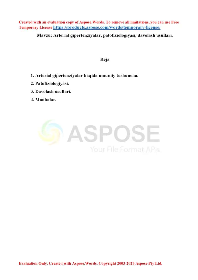 6. Arterial gipertenziyalar, patofiziologiyasi, davolash usullari. Referat 9 bet. 1
