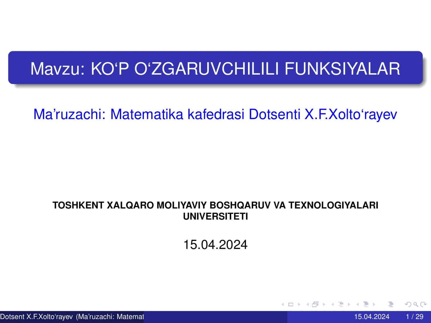 KO‘P O‘ZGARUVCHILILI FUNKSIYALAR 1