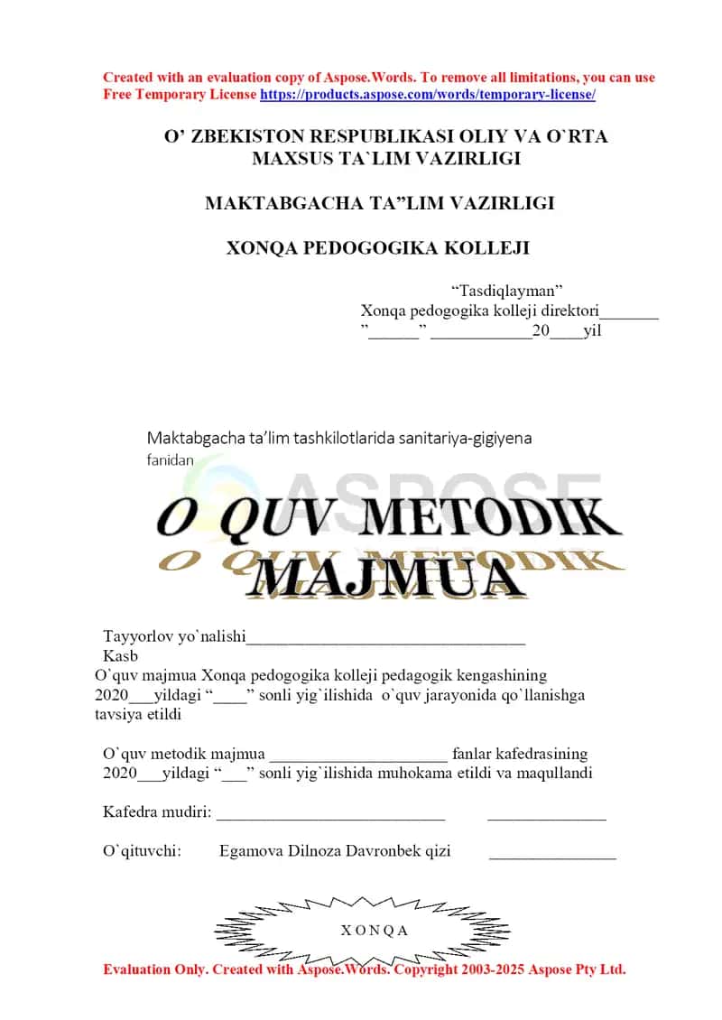 O‘quv uslubiy majmua: Maktabgacha ta’lim tashkilotlarida sanitariya-gigiyena me’yorlari 1