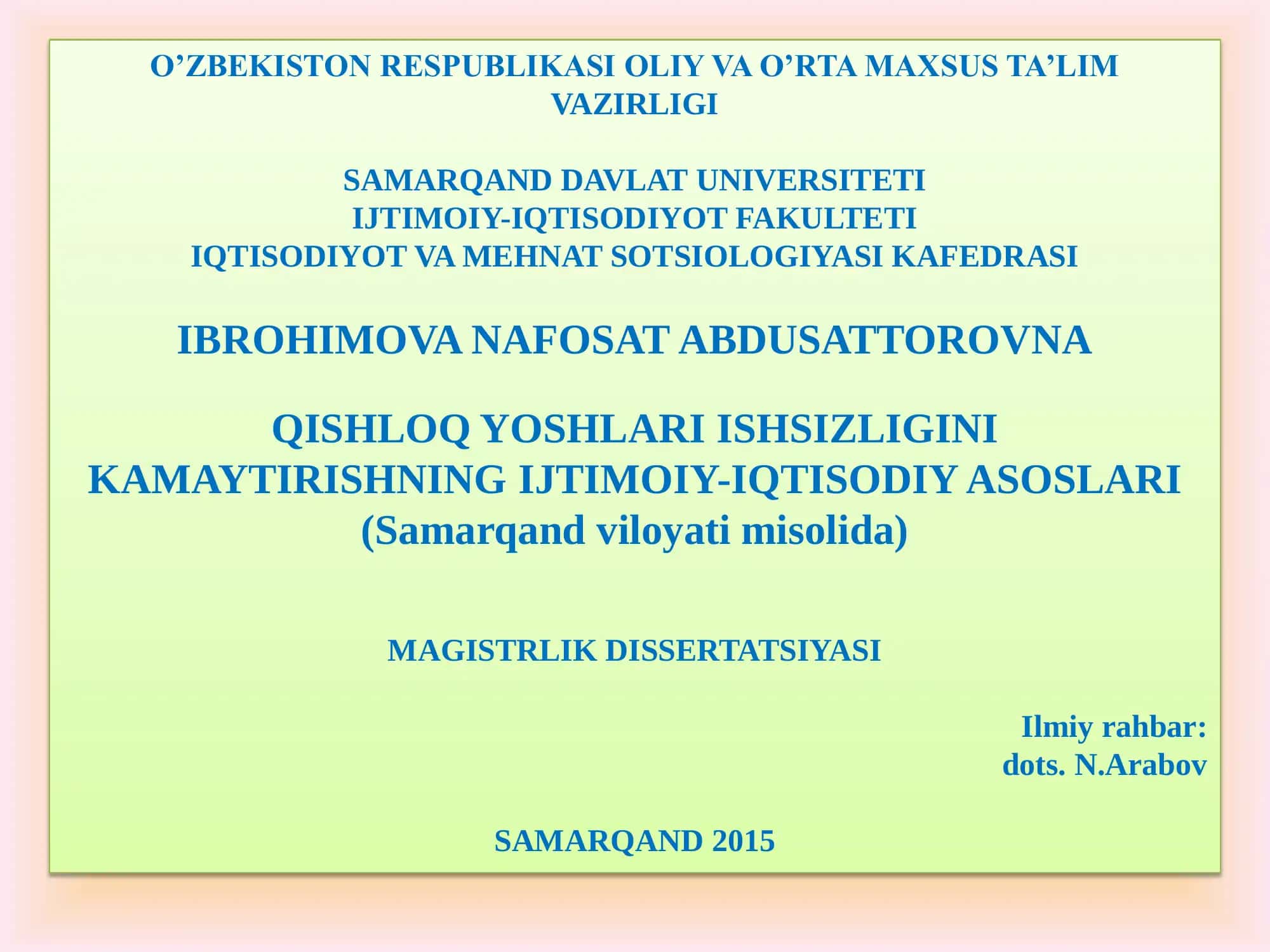 QISHLOQ YOSHLARI ISHSIZLIGINI KAMAYTIRISHNING IJTIMOIY-IQTISODIY ASOSLARI 1