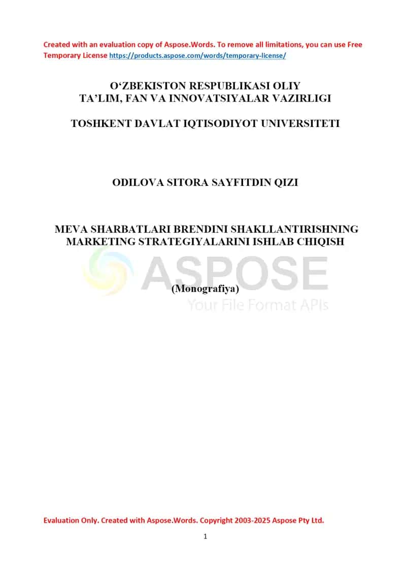 Meva sharbatlari brendini shakllantirishning marketing strategiyalarini ishlab chiqish (Monografiya) 1