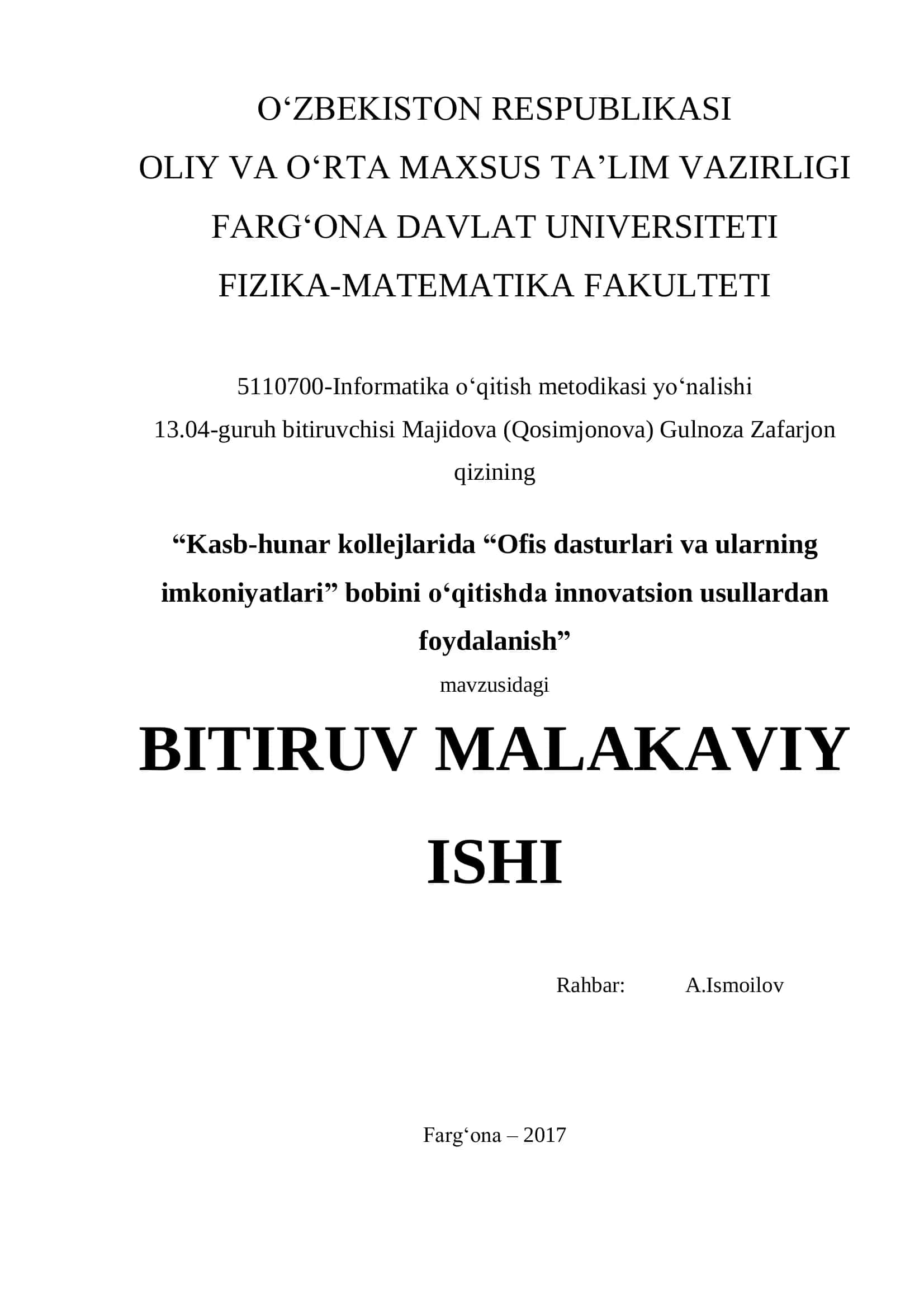 Kasb-hunar kollejlarida “Ofis dasturlari va ularning imkoniyatlari” bobini o‘qitishda innovatsion usullardan foydalanish 1