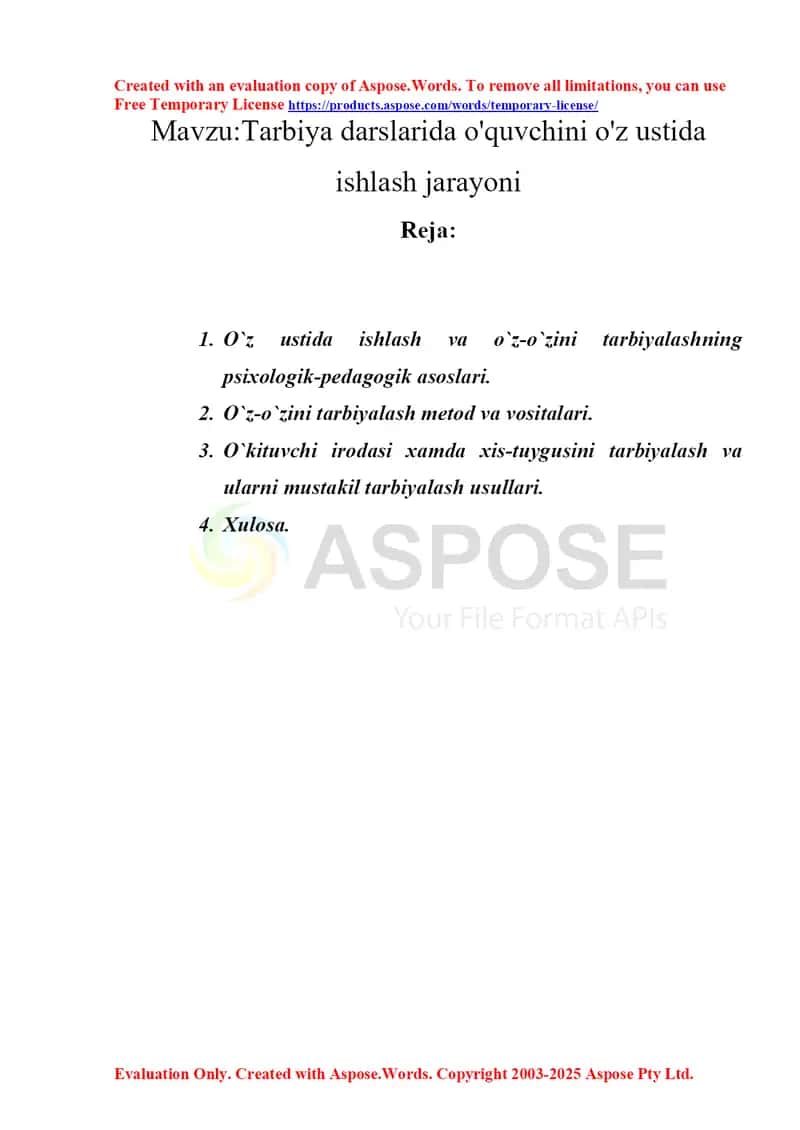 Tarbiya darslarida o'quvchini o'z ustida ishlash jarayoni 1