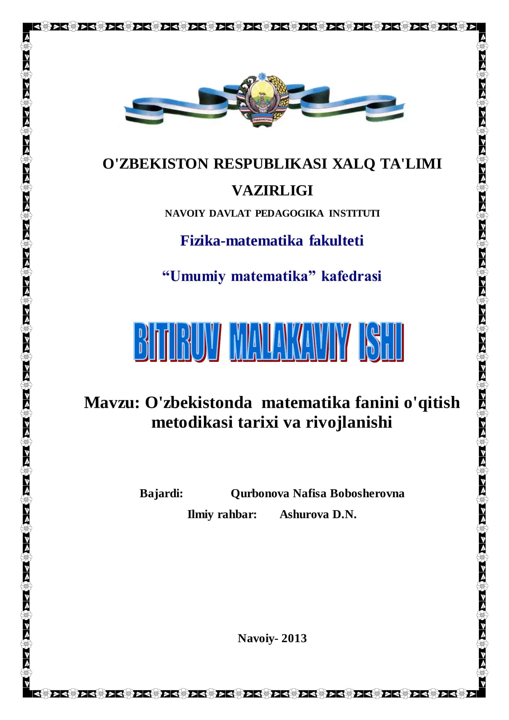 O'zbekistonda matematika fanini o'qitish metodikasi tarixi va rivojlanishi 1