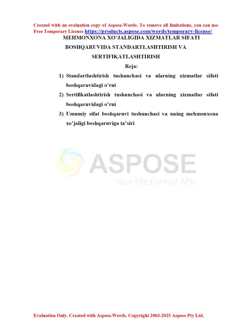 MЕHMОNХОNА ХO’JАLIGIDА ХIZMАTLАR SIFАTI BОSHQАRUVIDА STАNDАRTLАSHTIRISH VА SЕRTIFIKАTLАSHTIRISH 1