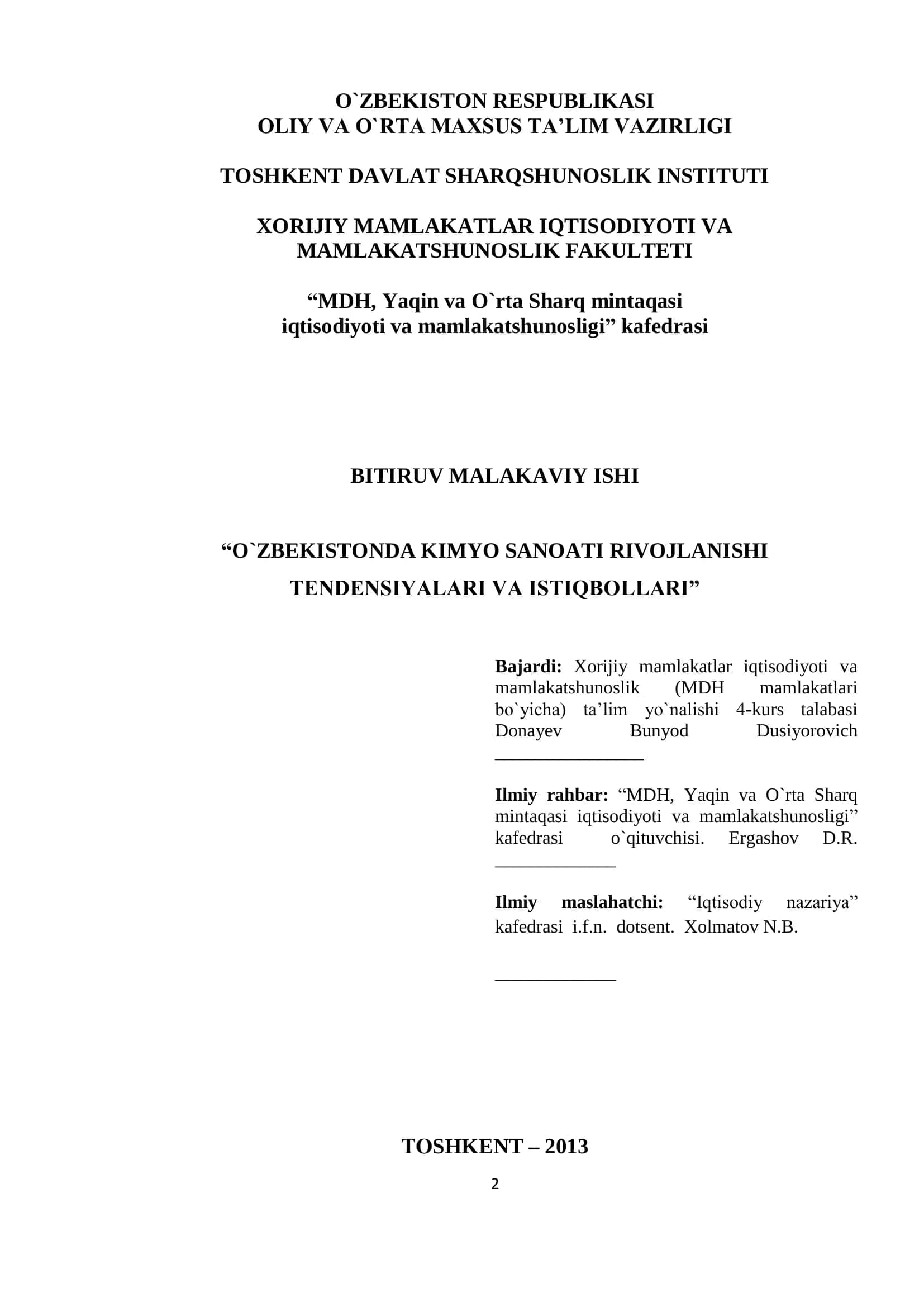 “O`ZBEKISTONDA KIMYO SANOATI RIVOJLANISHI TENDENSIYALARI VA ISTIQBOLLARI” 1