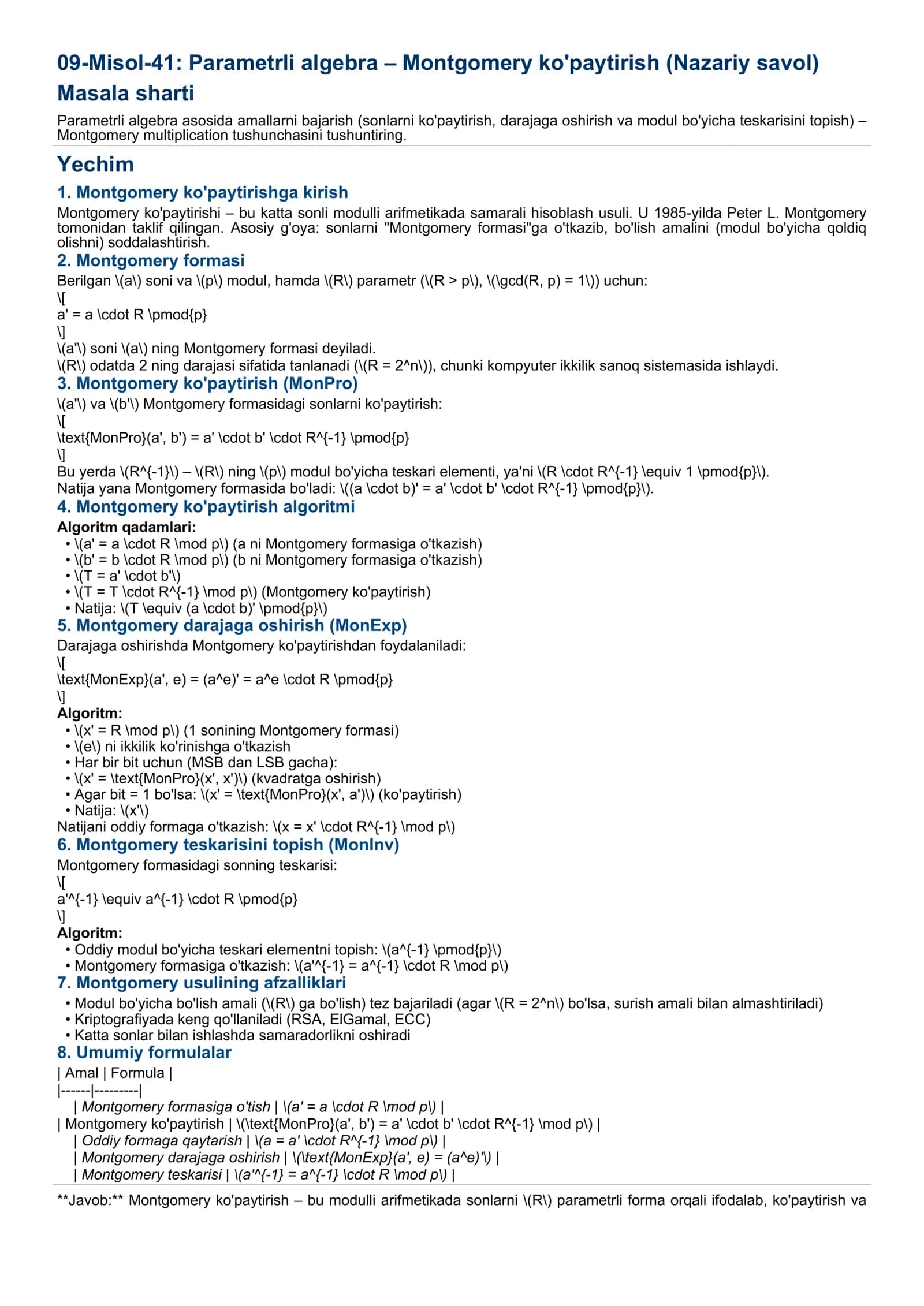 Parametrli algebra – Montgomery ko'paytirish (Nazariy savol) 1