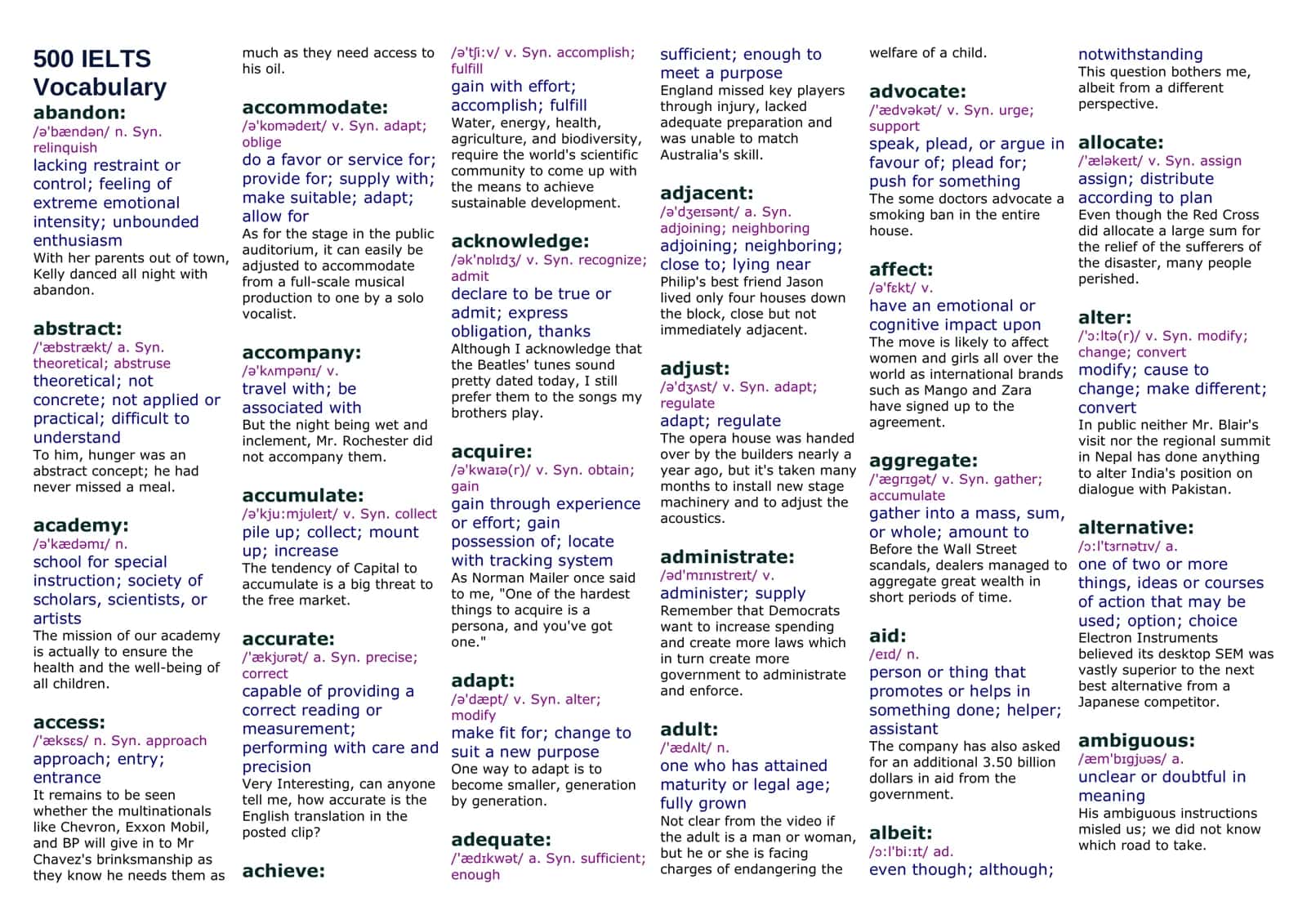 IELTS da eng ko'p qo'llaniladigan 500 ta words 1