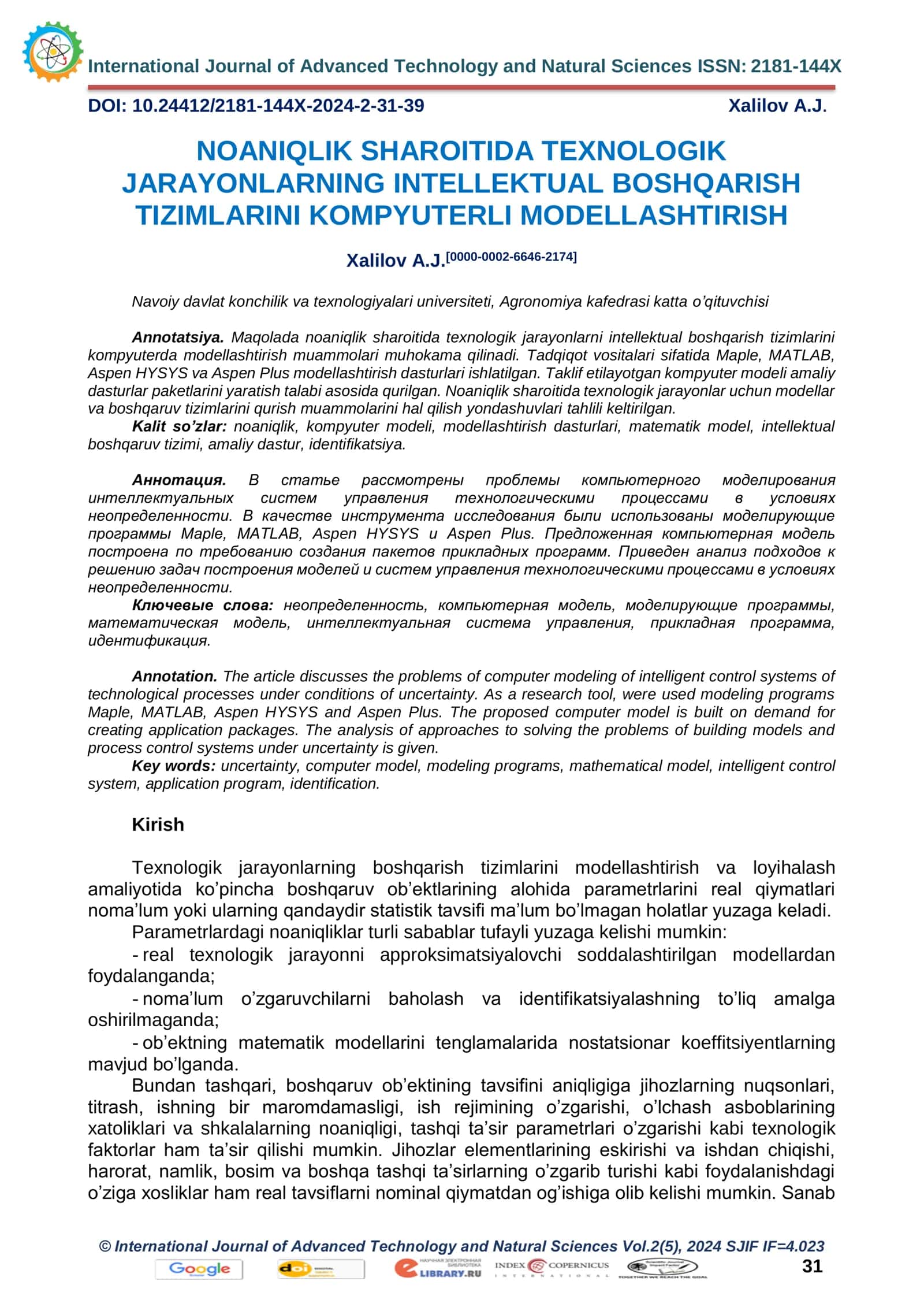 NOANIQLIK SHAROITIDA TEXNOLOGIK JARAYONLARNING INTELLEKTUAL BOSHQARISH TIZIMLARINI KOMPYUTERLI MODELLASHTIRISH 1