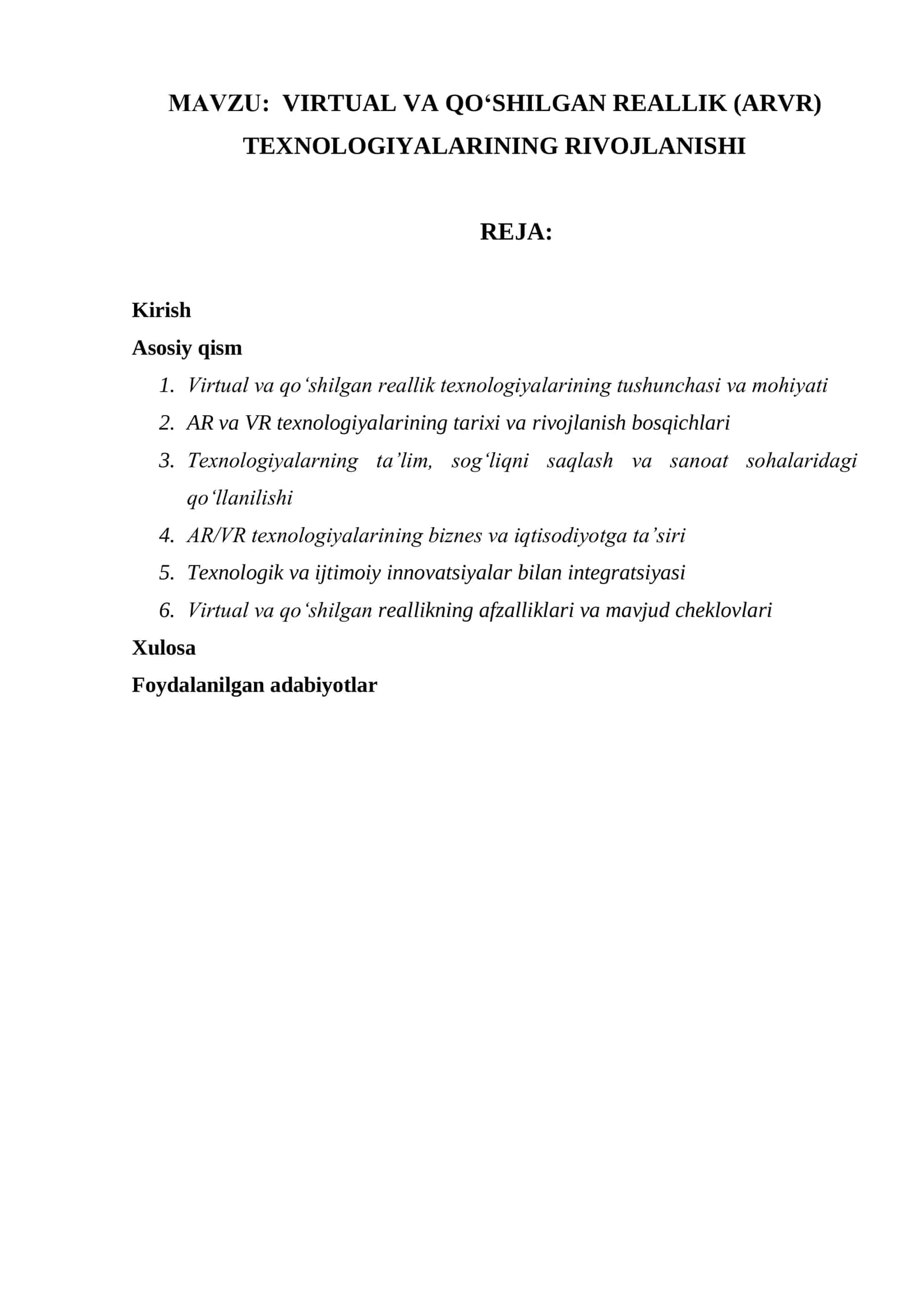 VIRTUAL VA QO‘SHILGAN REALLIK (ARVR) TEXNOLOGIYALARINING RIVOJLANISHI 1