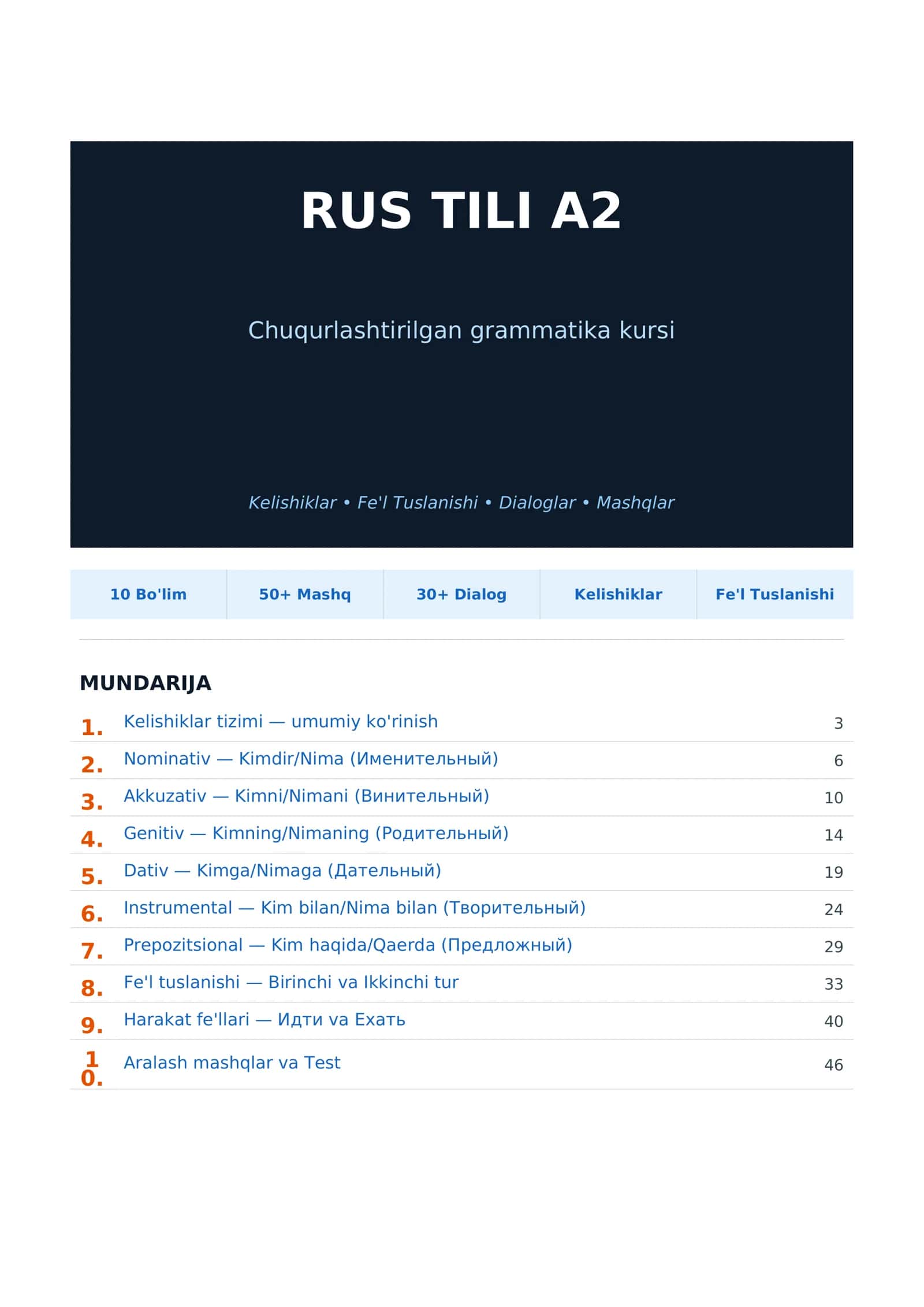 Rus tilidan A2 daraja uchun qoʻllanma 1