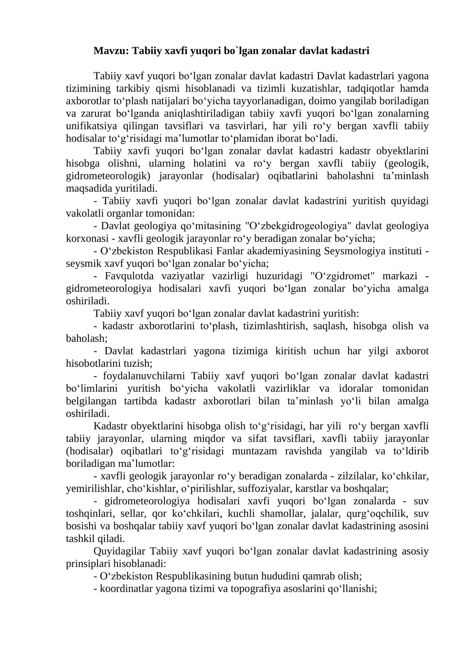 Tabiiy xavfi yuqori bo`lgan zonalar davlat kadastri 1