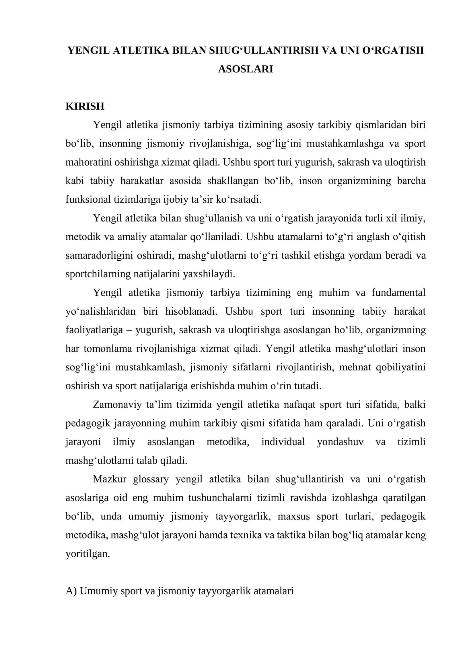 YENGIL ATLETIKA BILAN SHUG‘ULLANTIRISH VA UNI O‘RGATISH ASOSLARI 1