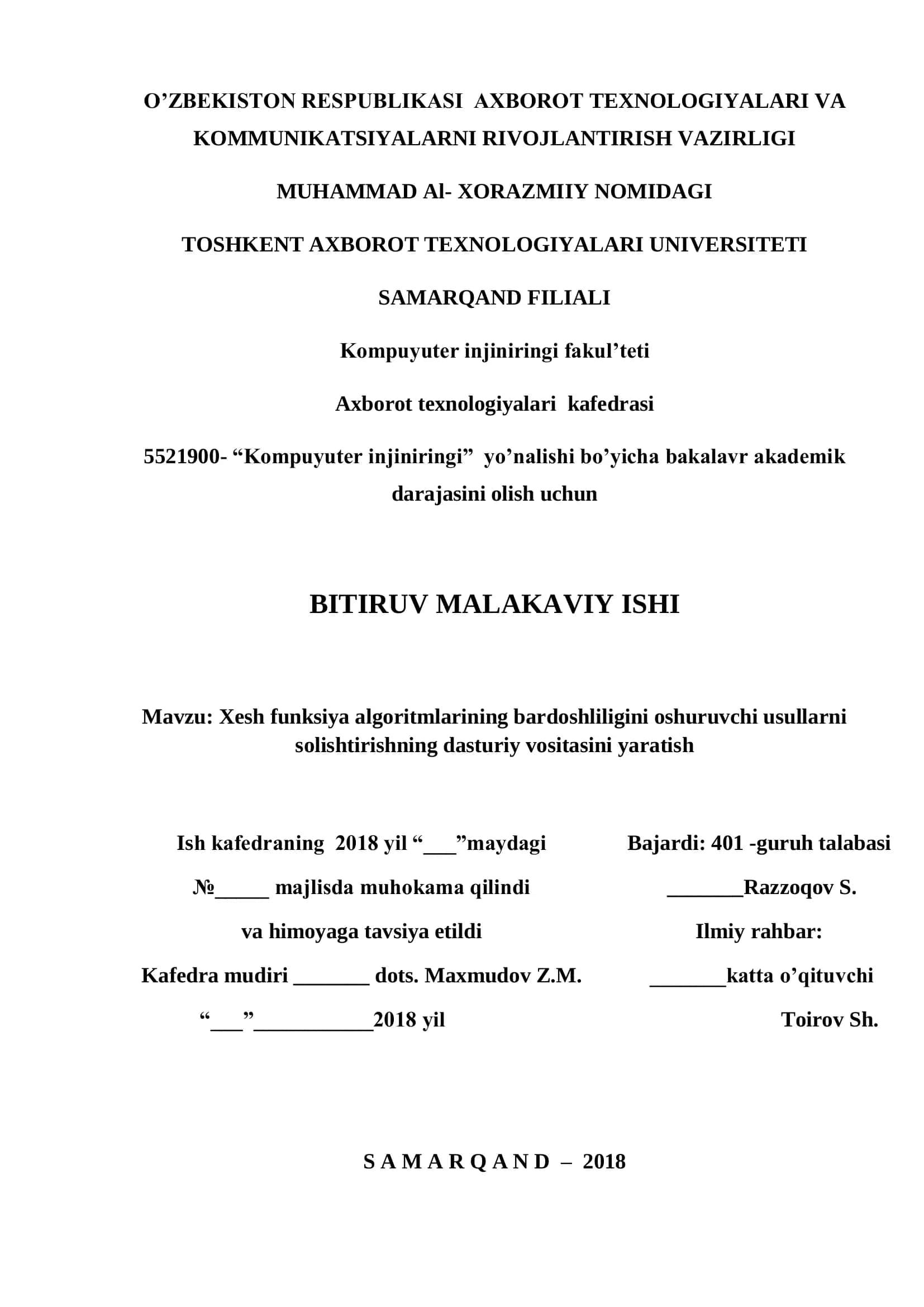Xesh funksiya algoritmlarining bardoshliligini oshuruvchi usullarni solishtirishning dasturiy vositasini yaratish 1