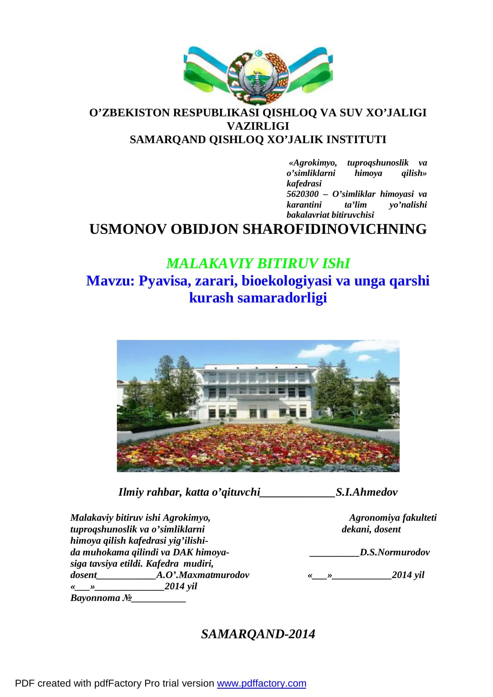 O’simliklar himoyasi va karantini ta’lim yo’nalishi bakalavriat bitiruvchisi 1