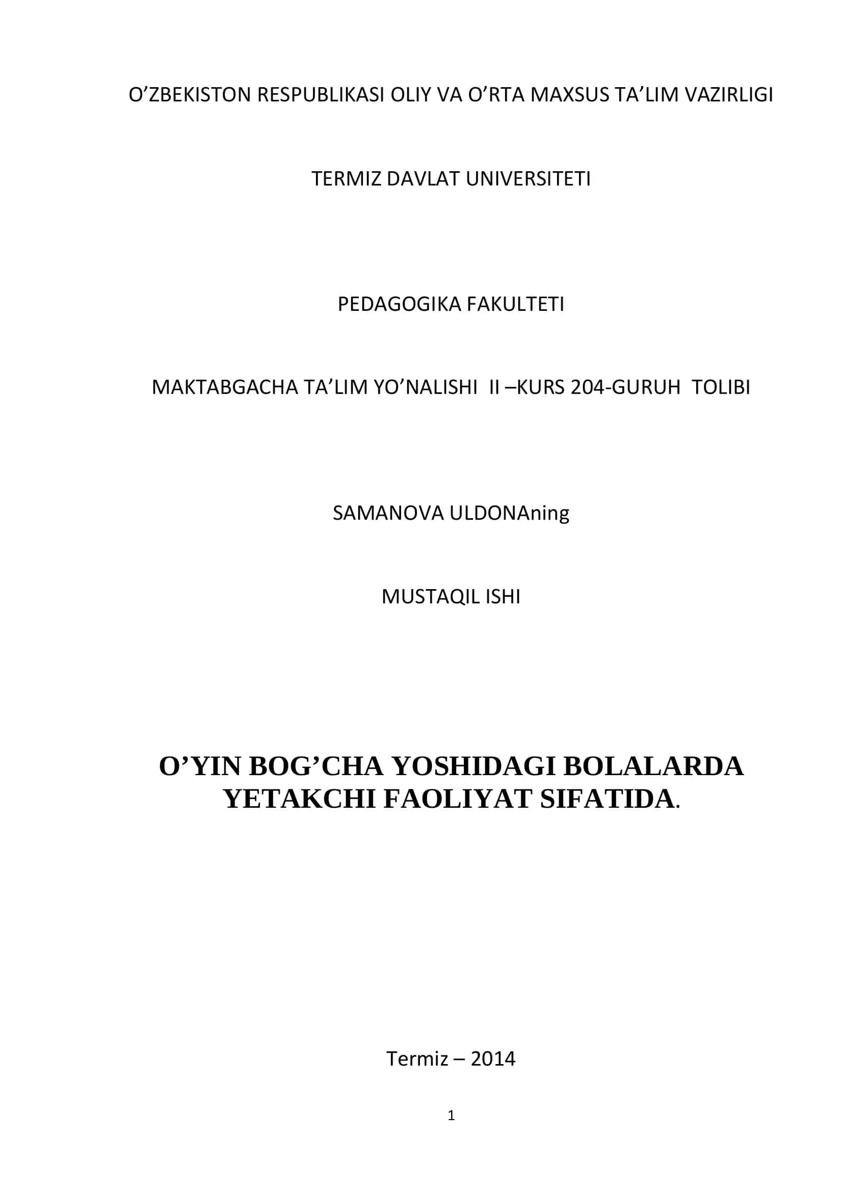 O’yin bog’cha yoshidagi bolalarda yetakchi faoliyat sifatida 1