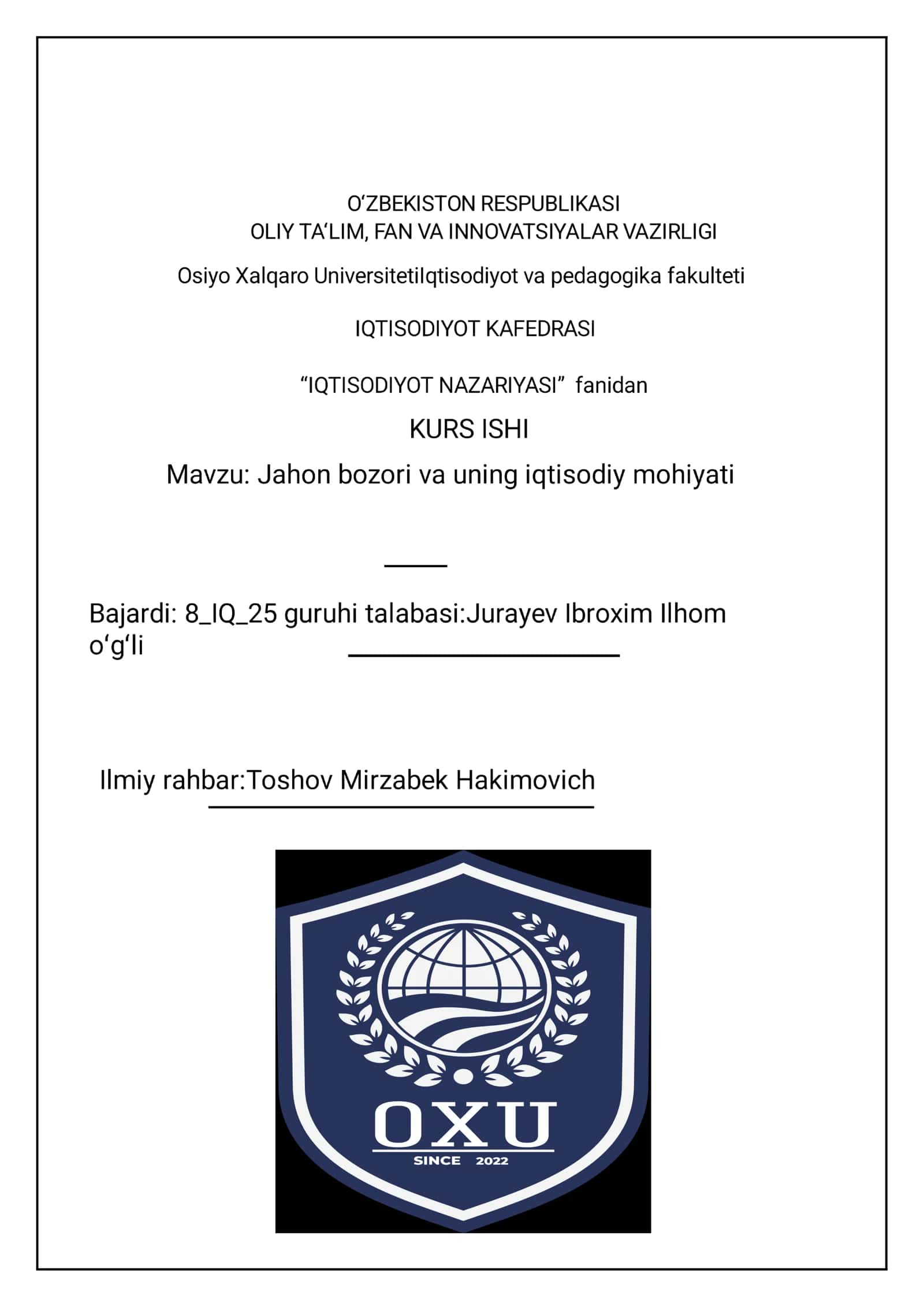 Jahon bozorining tarixi va rivojlanishi 1