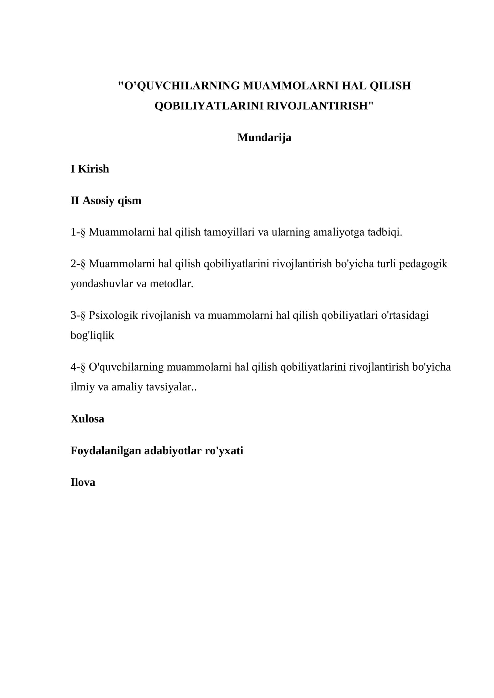 O’QUVCHILARNING MUAMMOLARNI HAL QILISH QOBILIYATLARINI RIVOJLANTIRISH mavzusida kurs ishi 1