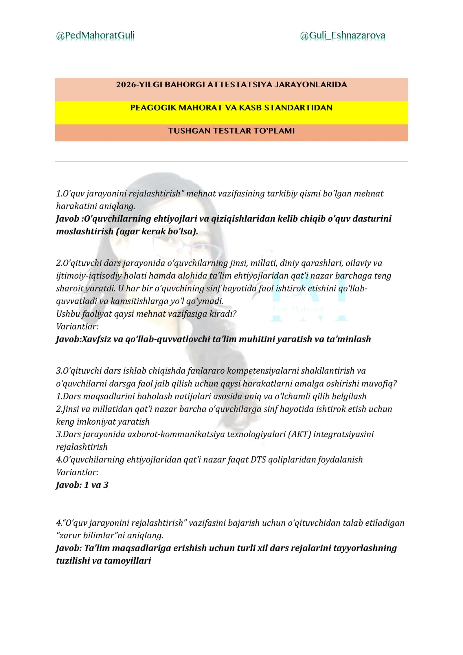 2026-YILGI BAHORGI ATTESTATSIYA JARAYONLARIDA PEAGOGIK MAHORAT VA KASB STANDARTIDAN TUSHGAN TESTLAR TO’PLAMI 1