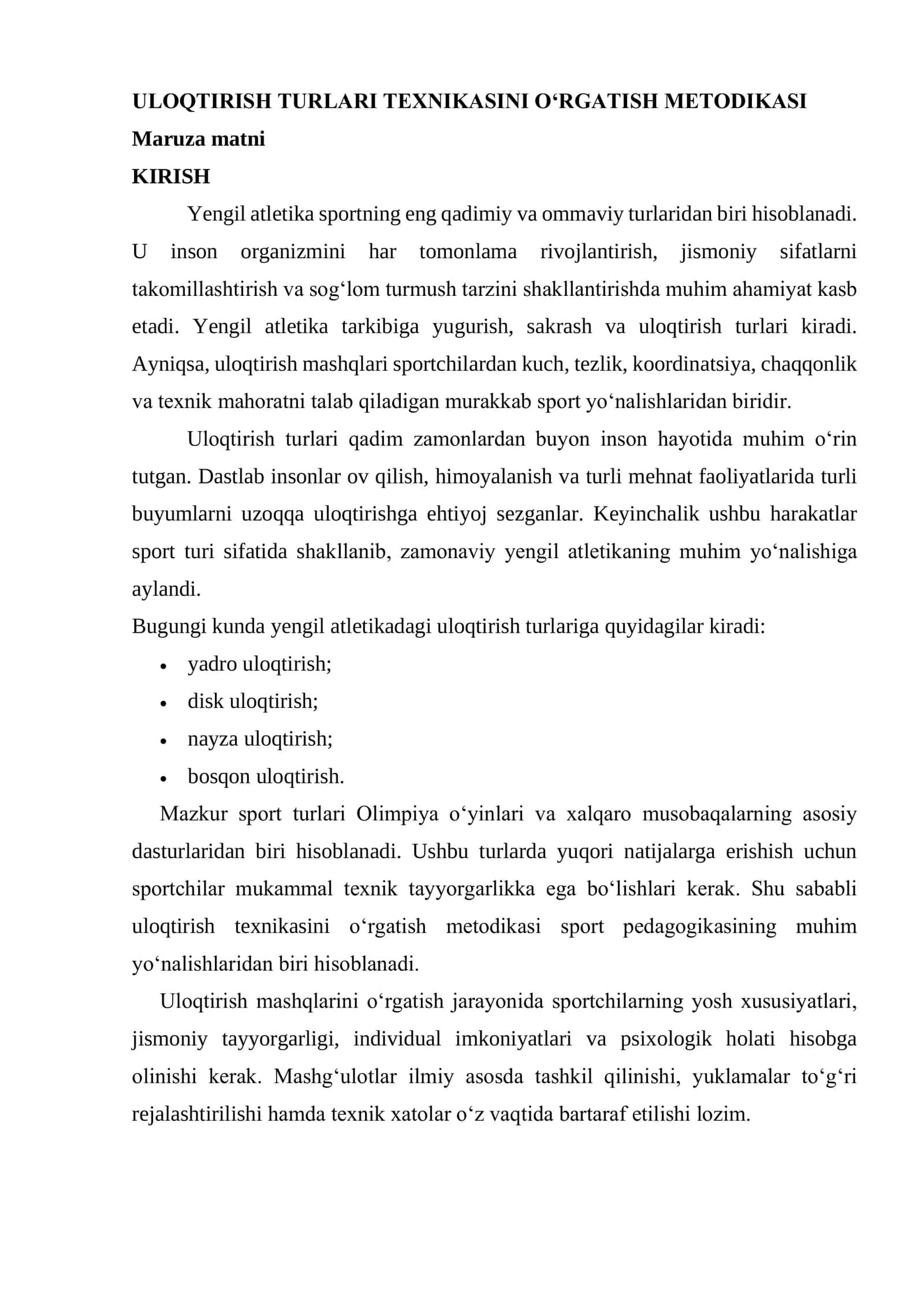 ULOQTIRISH TURLARI TEXNIKASINI O‘RGATISH METODIKASI 1