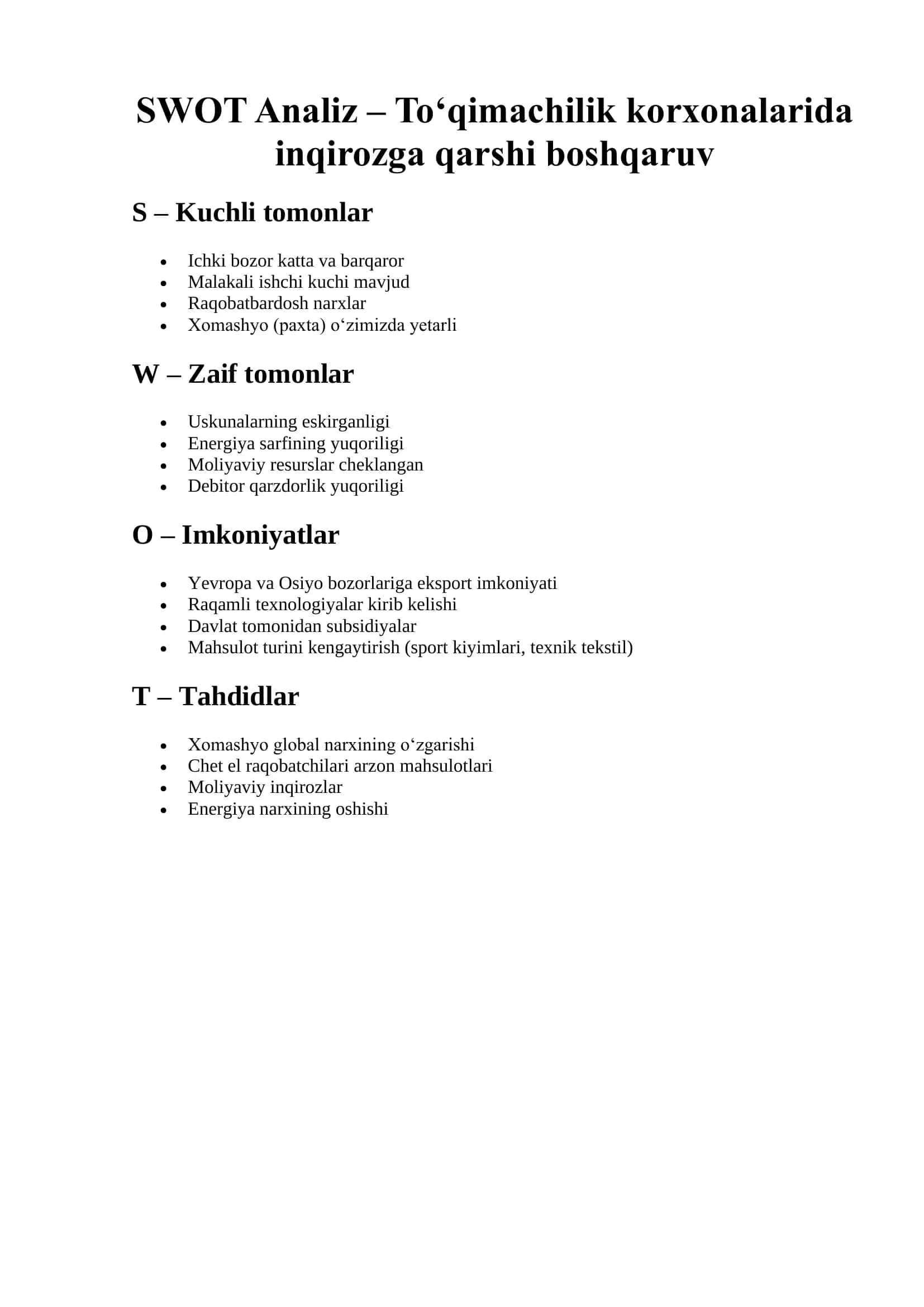 SWOT Analiz – To‘qimachilik korxonalarida inqirozga qarshi boshqaruv 1