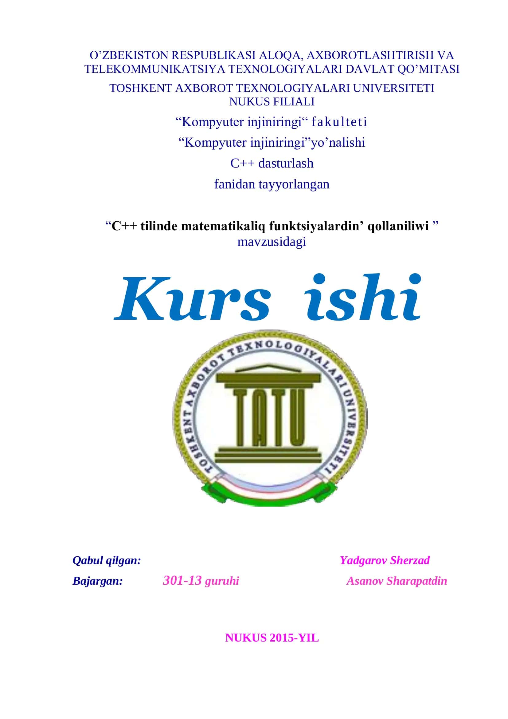 C++ tilinde matematikaliq funktsiyalardin’ qollaniliwi 1