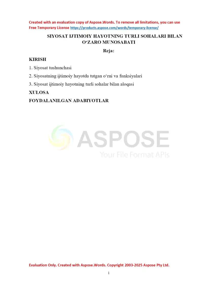 Referat+test «Siyosat ijtimoiy hayotning turli sohalari bilan o‘zaro munosabati» 1