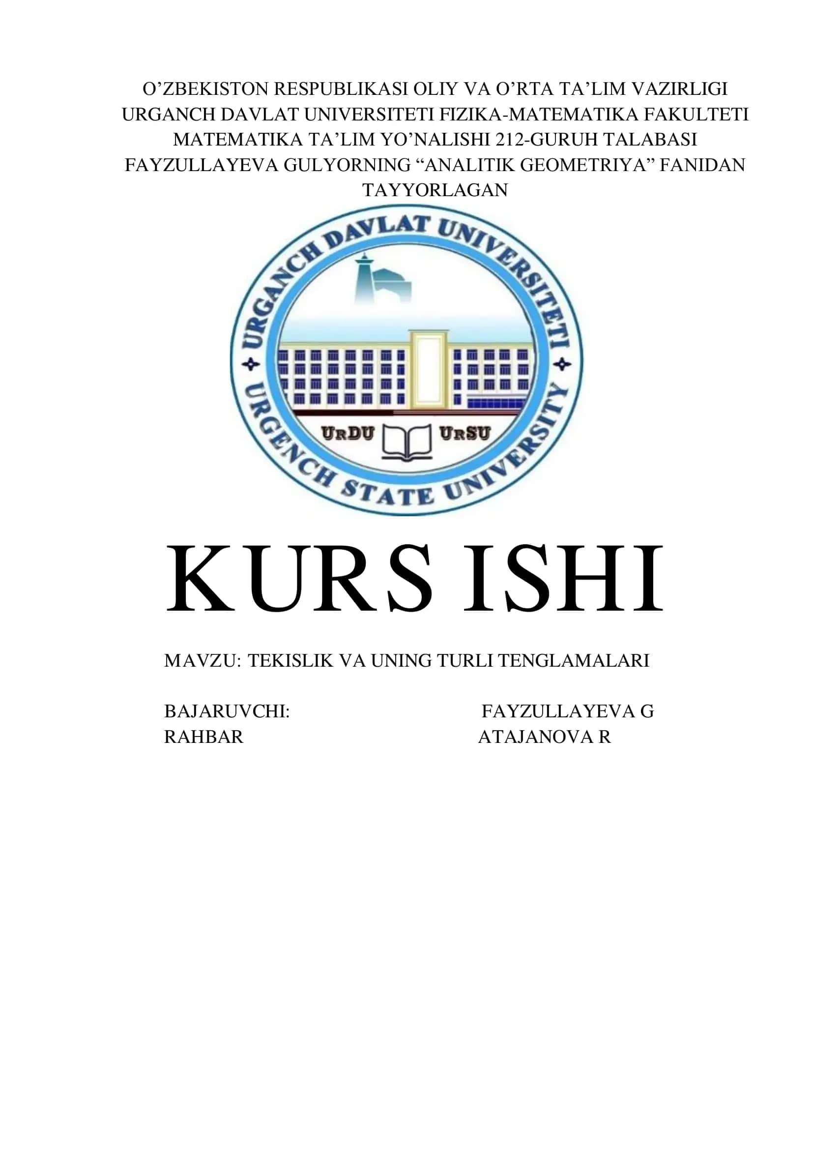 TEKISLIK VA UNING TURLI TENGLAMALARI 1