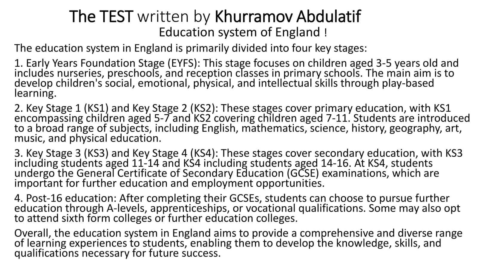 The TEST Education System of England 1