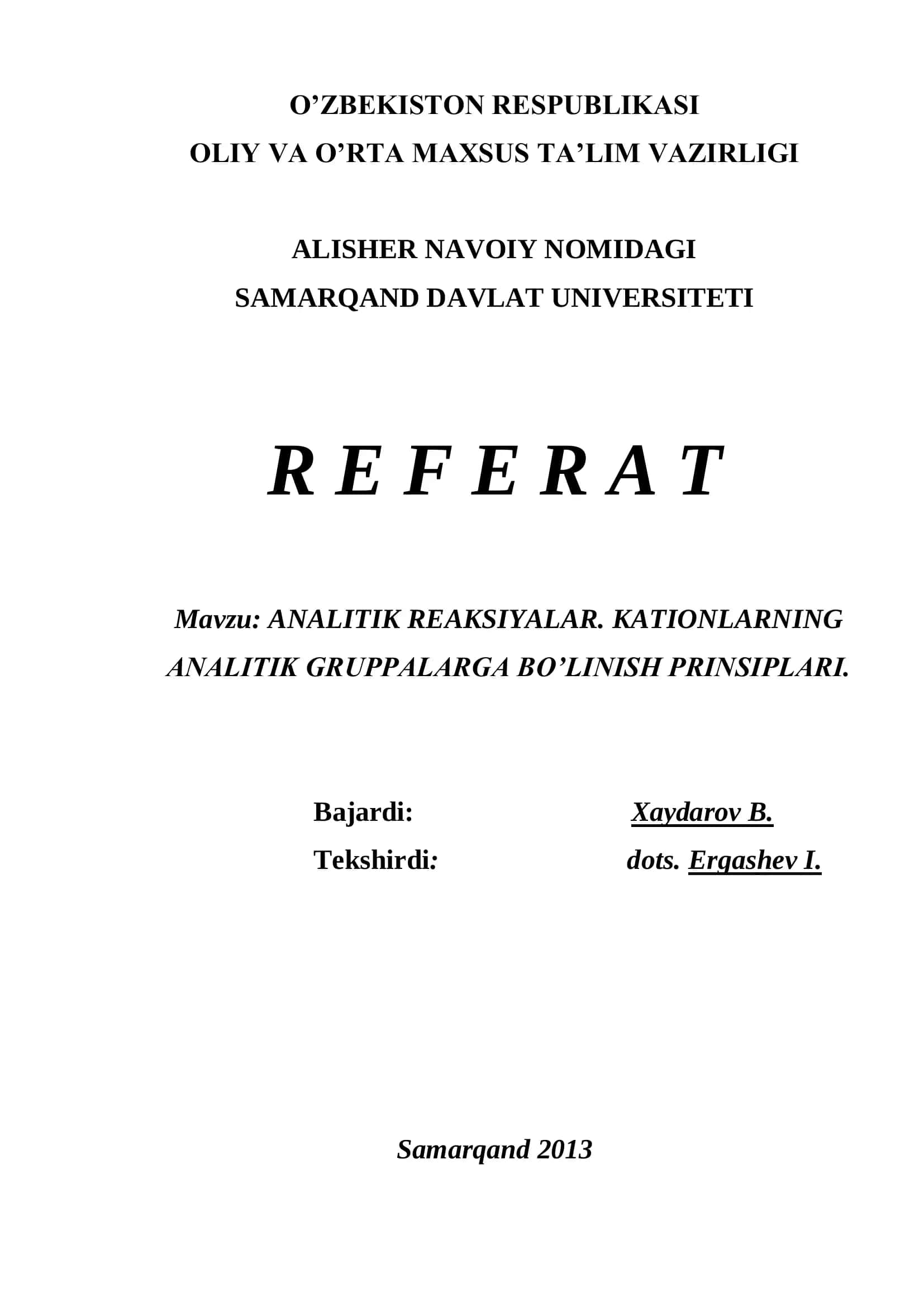 ANALITIK REAKSIYALAR. KATIONLARNING ANALITIK GRUPPALARGA BO’LINISH PRINSIPLARI 1
