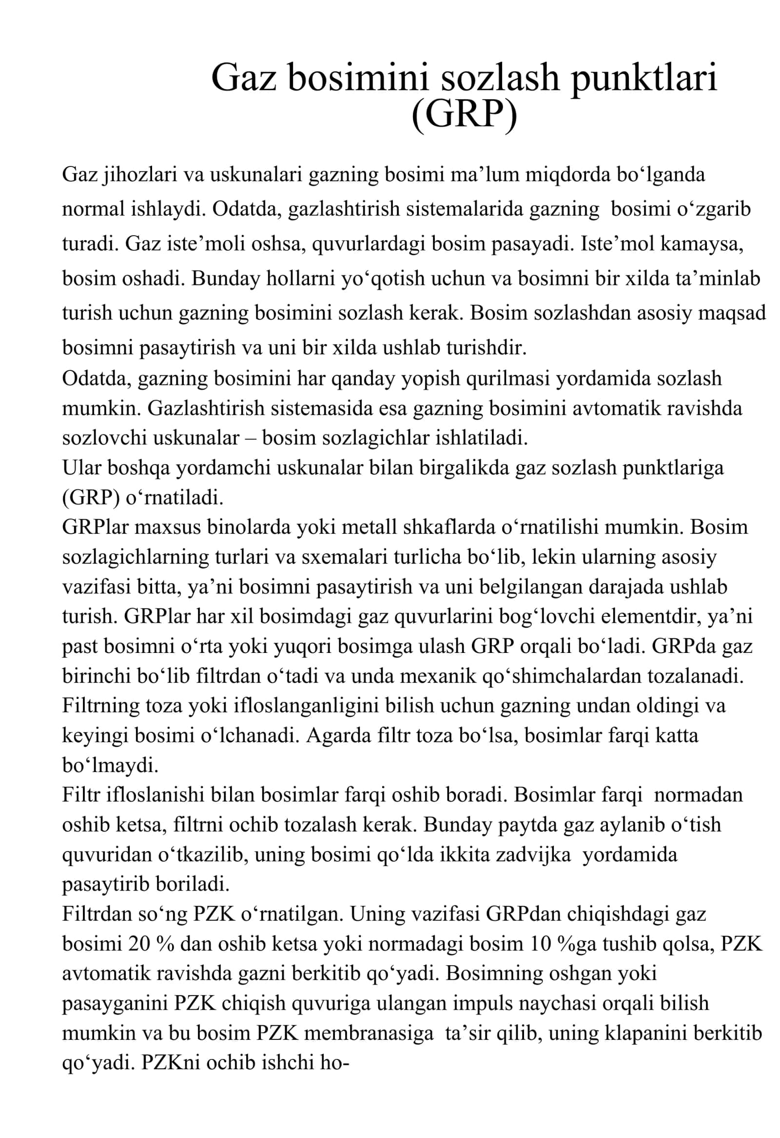 Gaz bosimini sozlash punktlari (GRP) 1