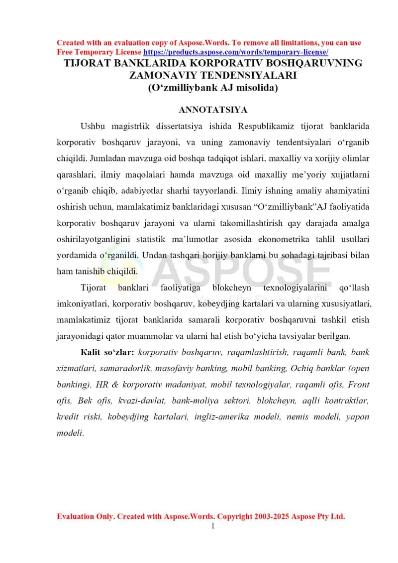 TIJORAT BANKLARIDA KORPORATIV BOSHQARUVNING ZAMONAVIY TENDENSIYALARI (O‘zmilliybank AJ misolida) 1