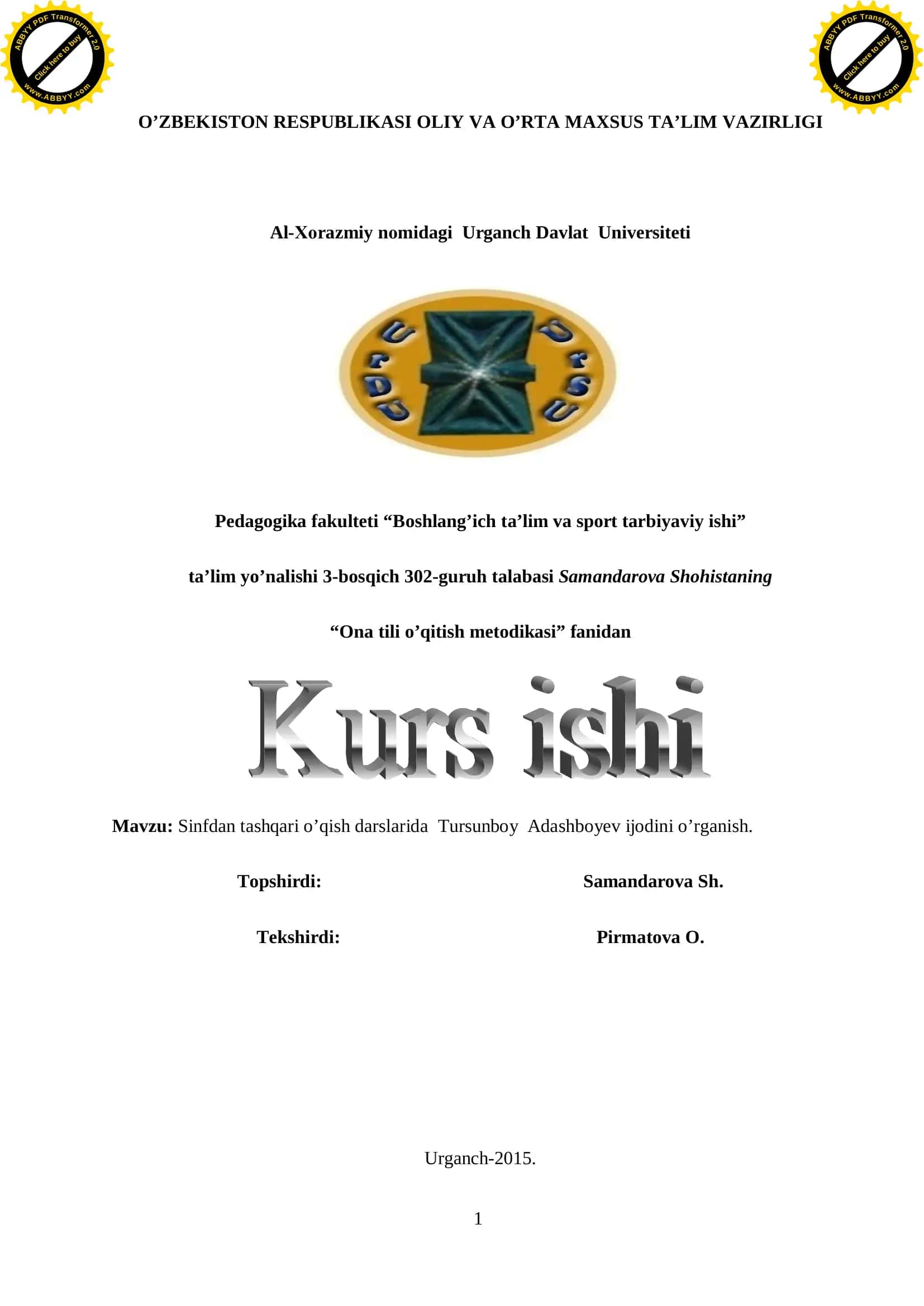 Sinfdan tashqari o’qish darslarida Tursunboy Adashboyev ijodini o’rganish 1