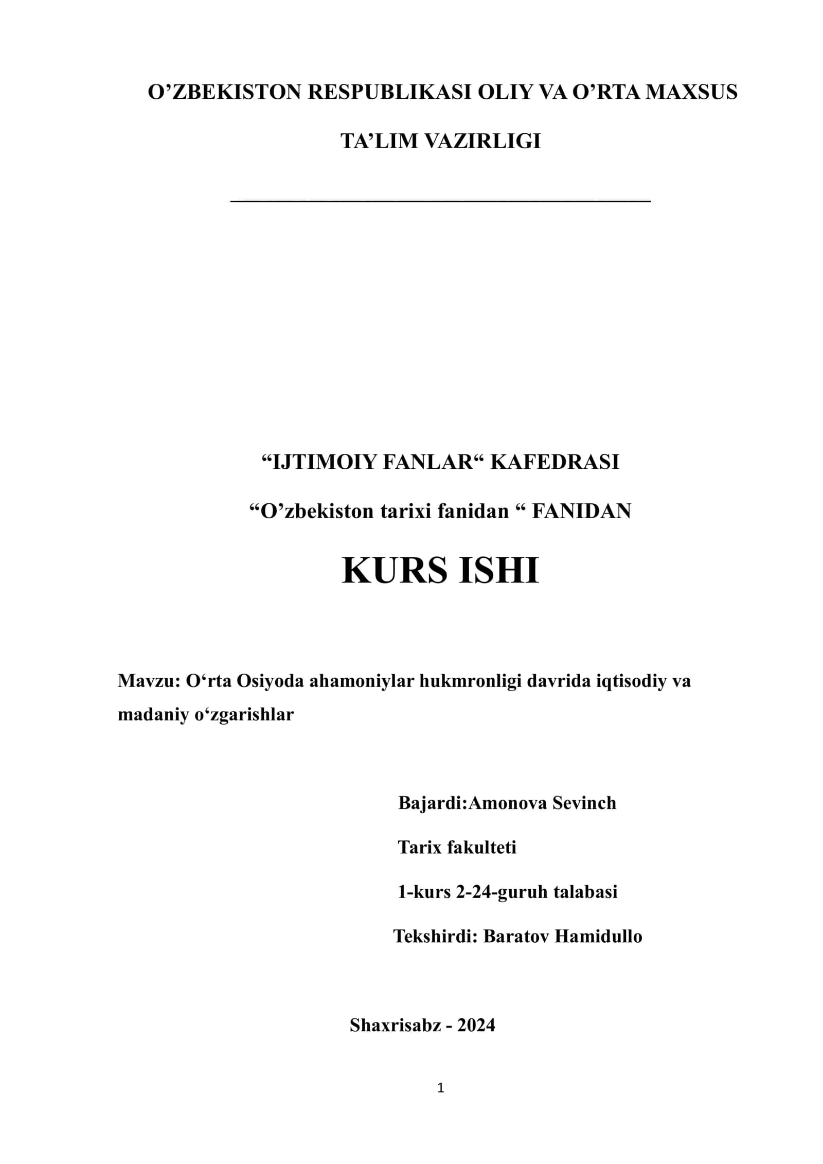 Oʻzbekiston tarixi fanidan KURS ISHI 1