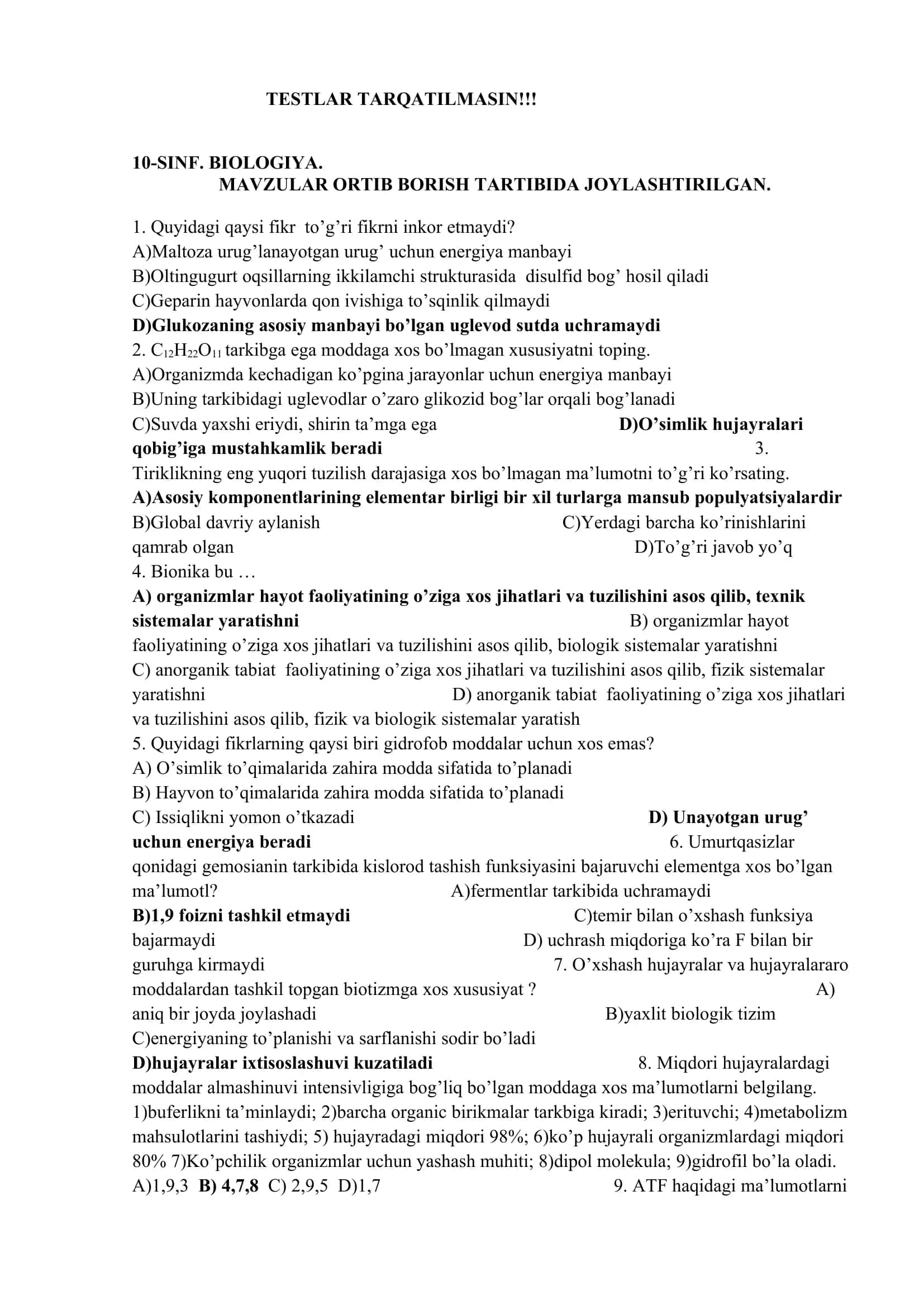 10 sinf biologiyadan mavzulashtirilgan eksklyuziv testlar bazasi 1