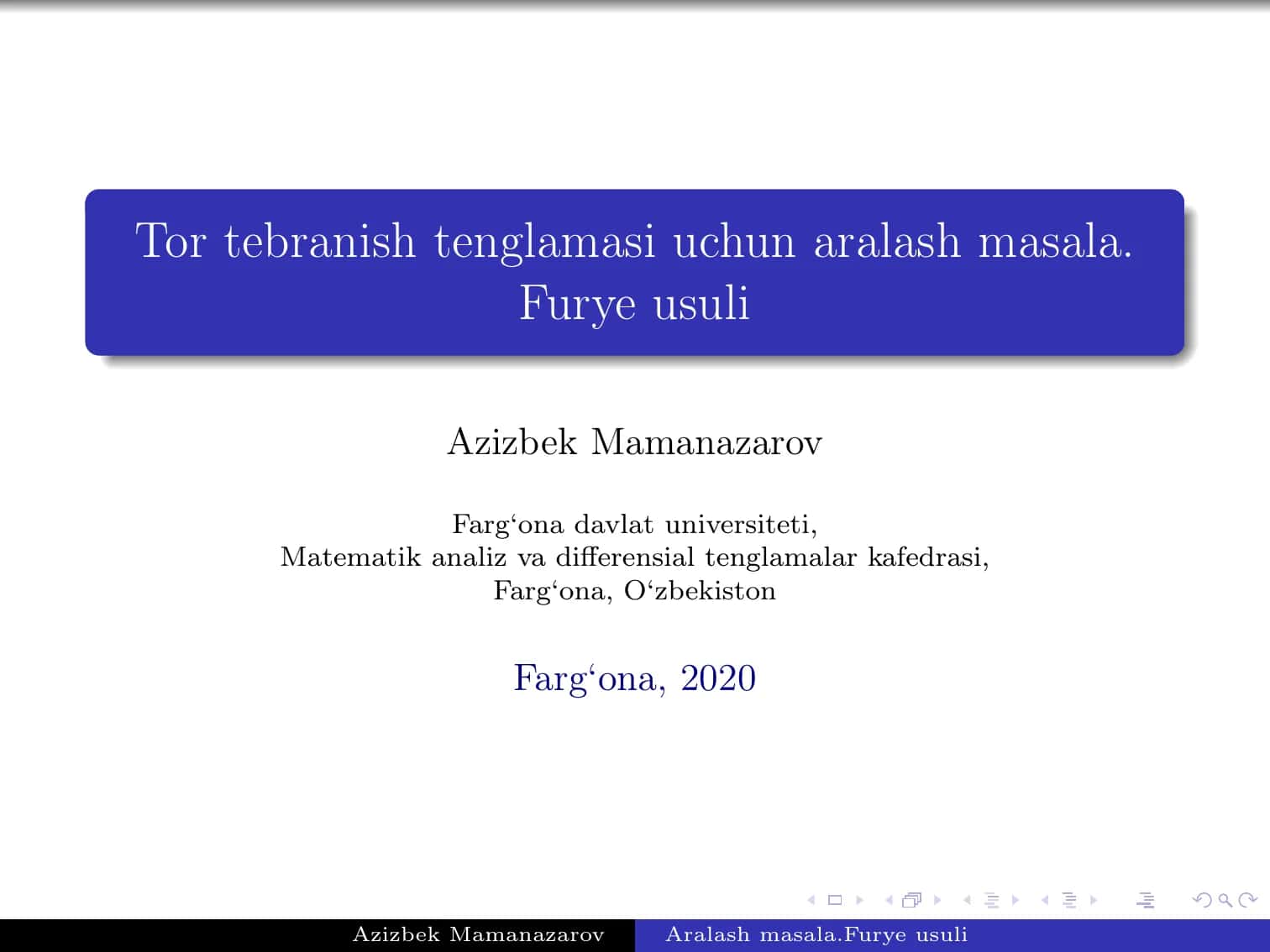 Tor tebranish tenglamasi uchun aralash masala. Furye usuli 1