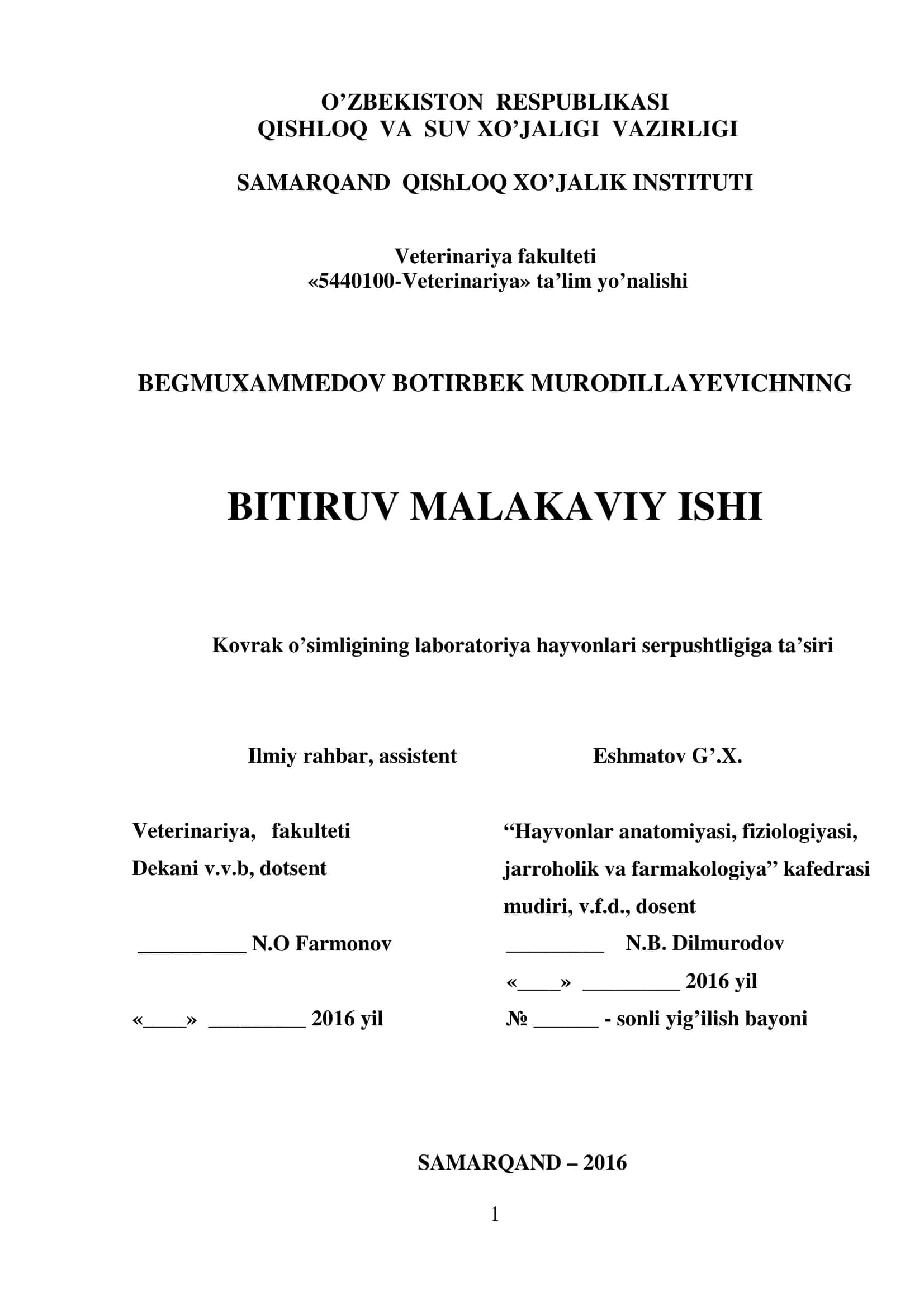 Bitiruv malakaviy ishi "Kovrak o’simligining laboratoriya hayvonlari serpushtligiga ta’siri" 1