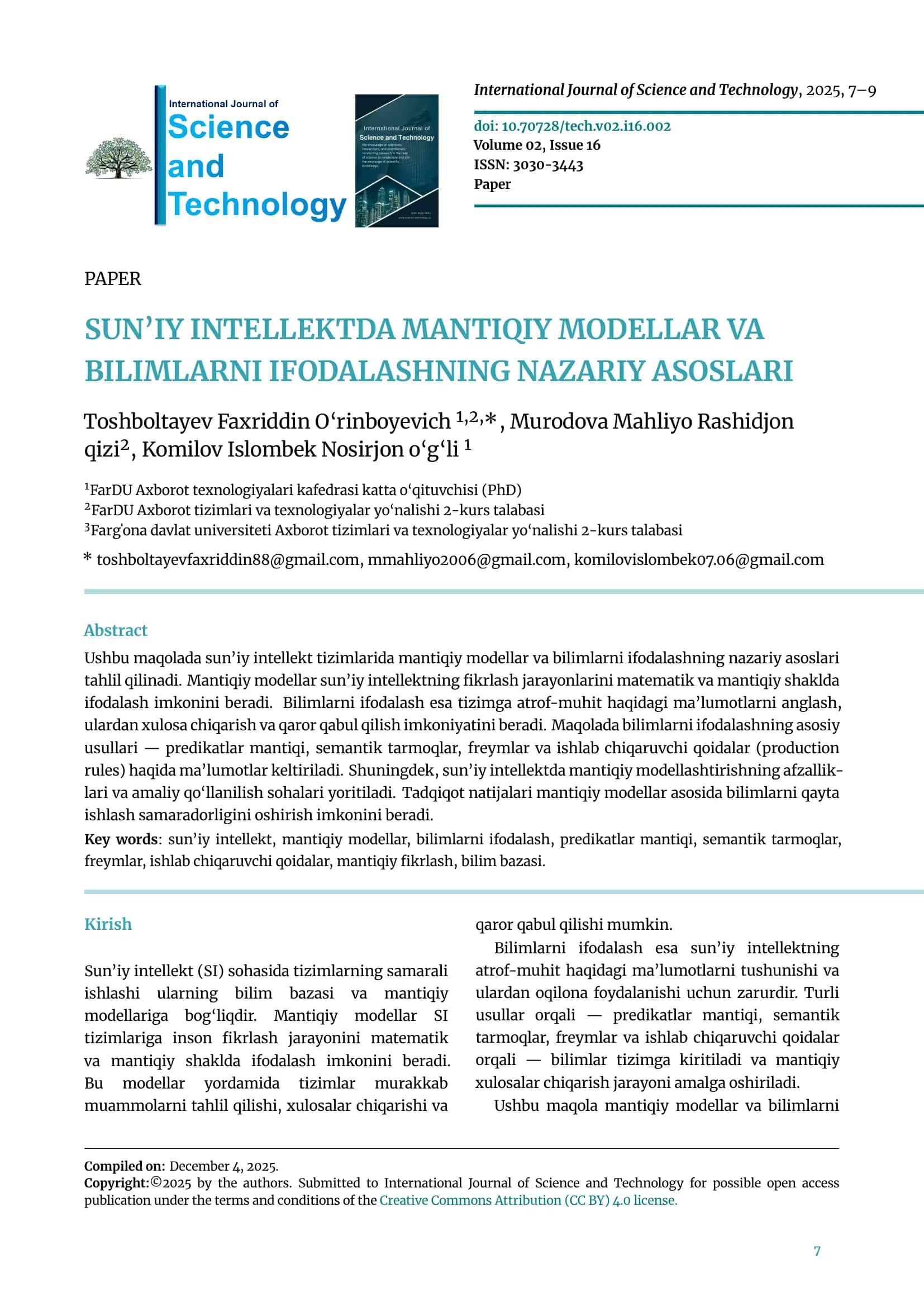 SUN’IY INTELLEKTDA MANTIQIY MODELLAR VA BILIMLARNI IFODALASHNING NAZARIY ASOSLARI 1