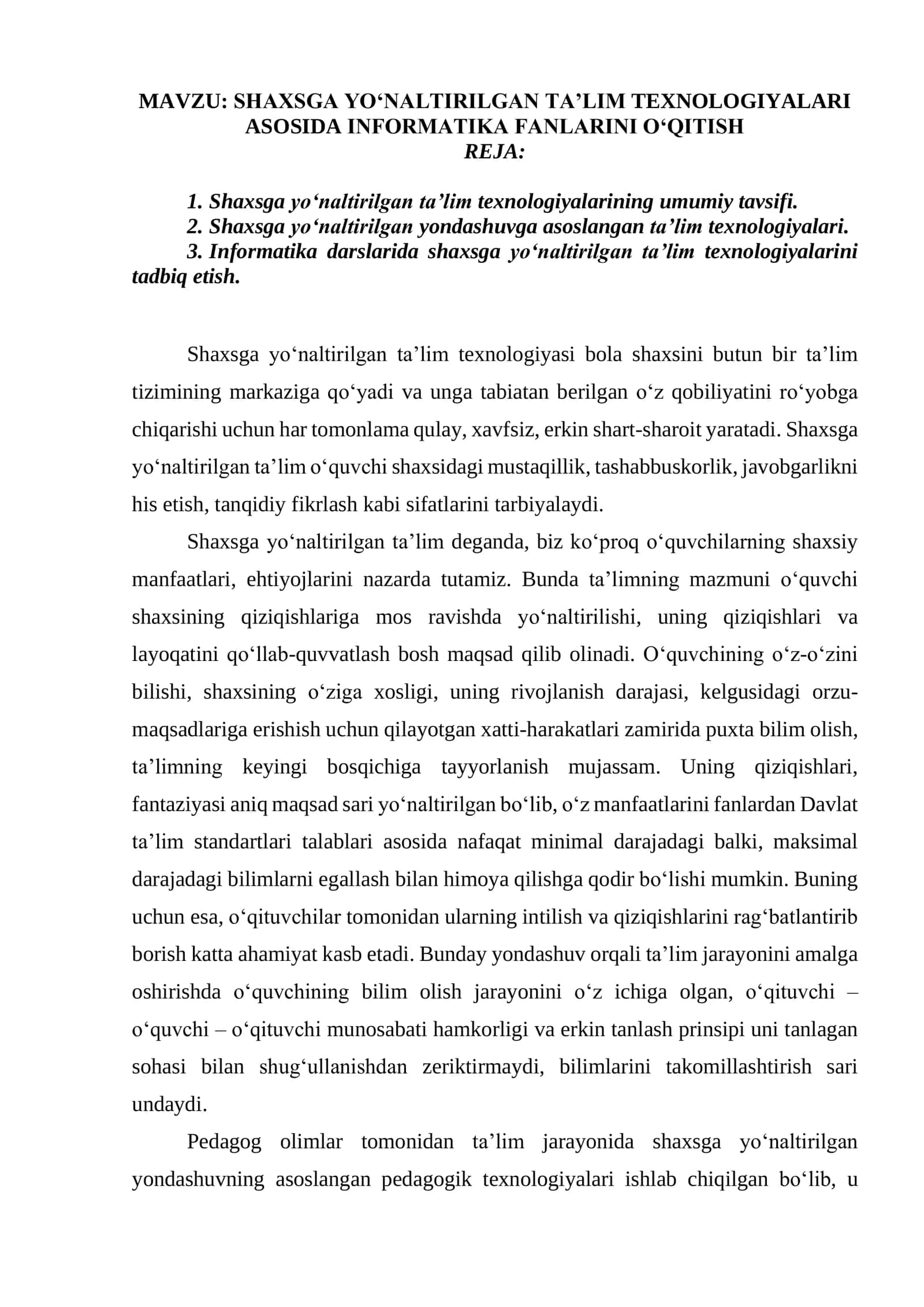 SHAXSGA YO‘NALTIRILGAN TA’LIM TEXNOLOGIYALARI ASOSIDA INFORMATIKA FANLARINI O‘QITISH 1