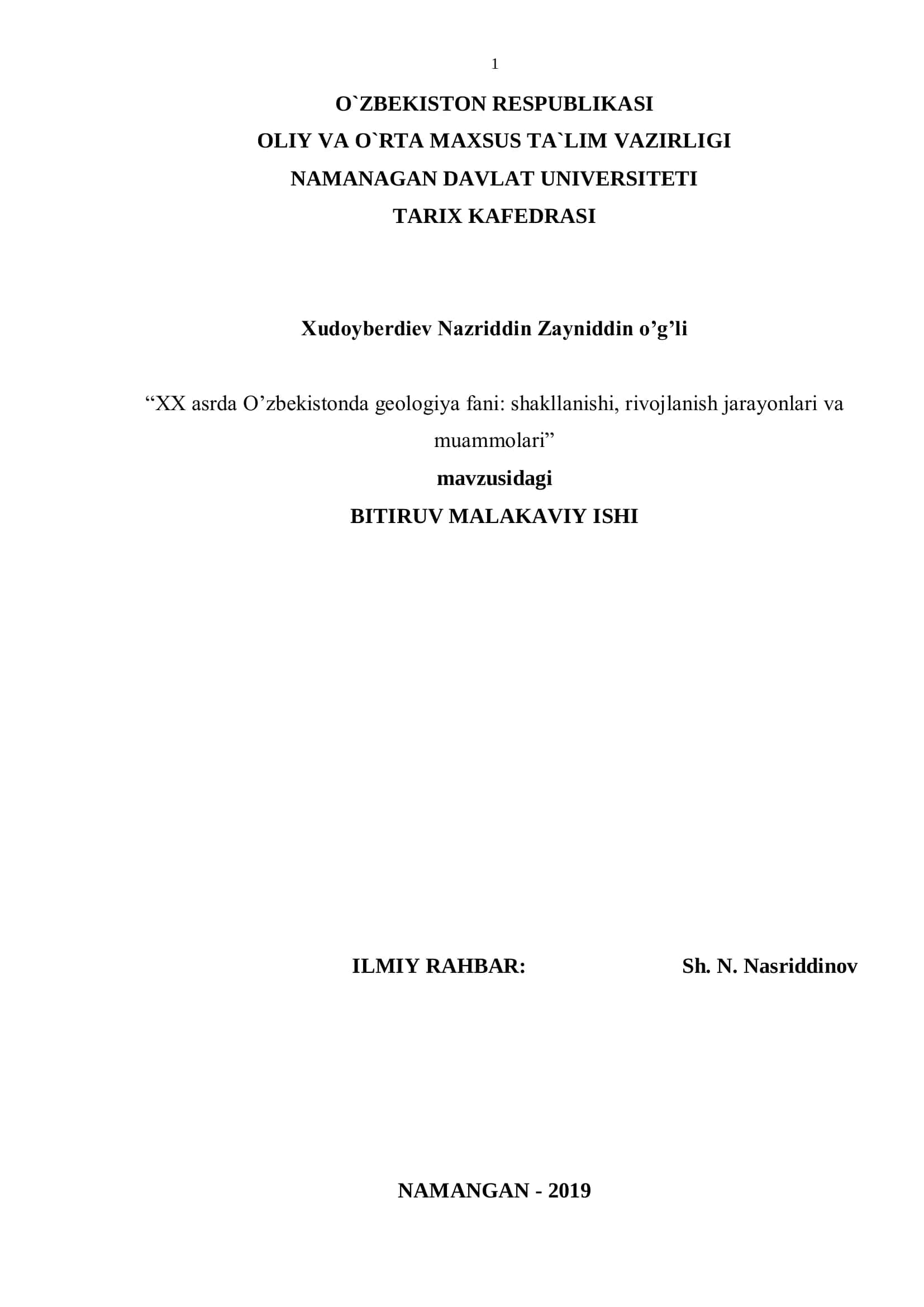 XX asrda O‟zbekistonda geologiya fani: shakllanishi, rivojlanish jarayonlari va muammolari 1