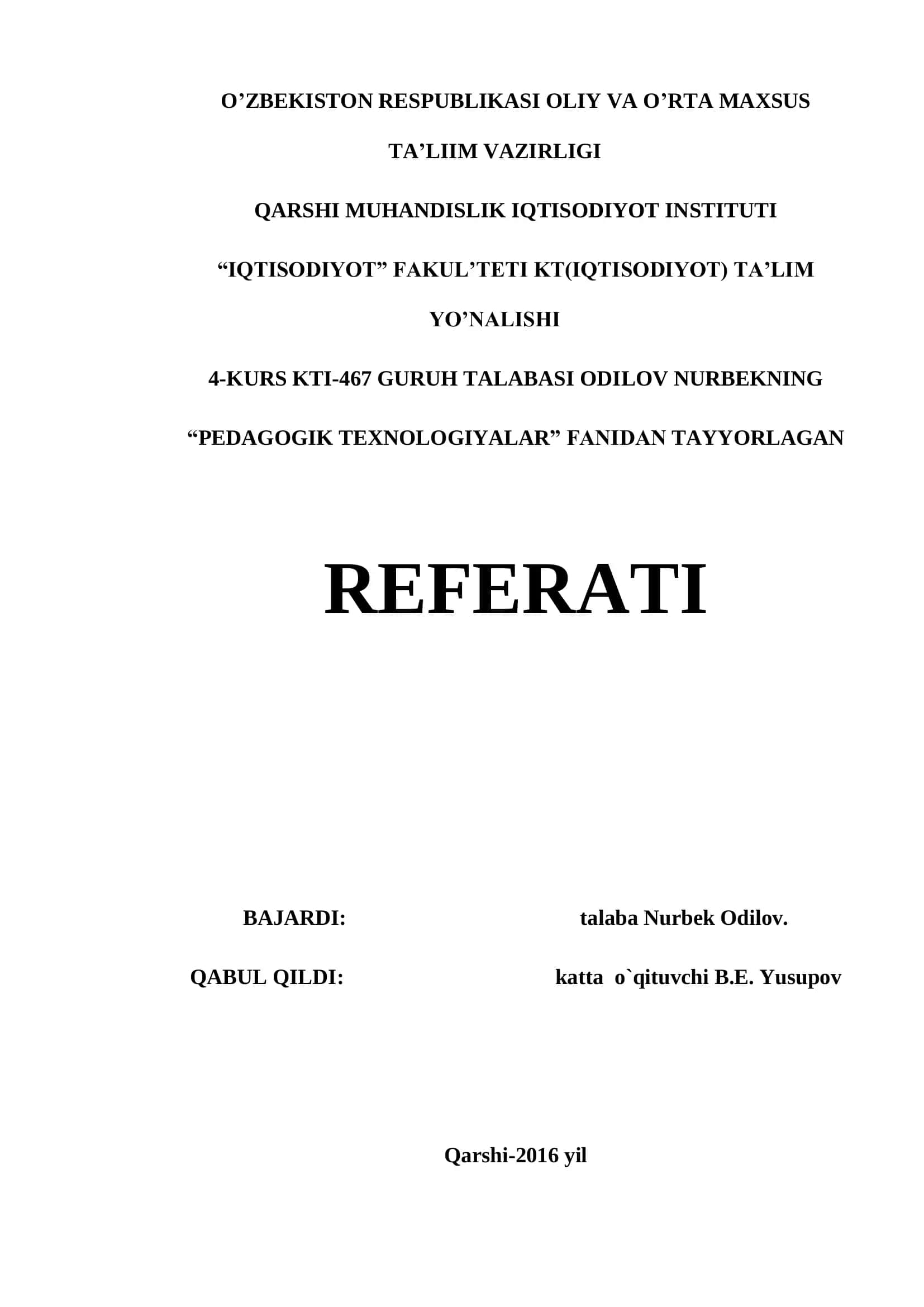 Pedagogik Texnologiyalar Referati 1