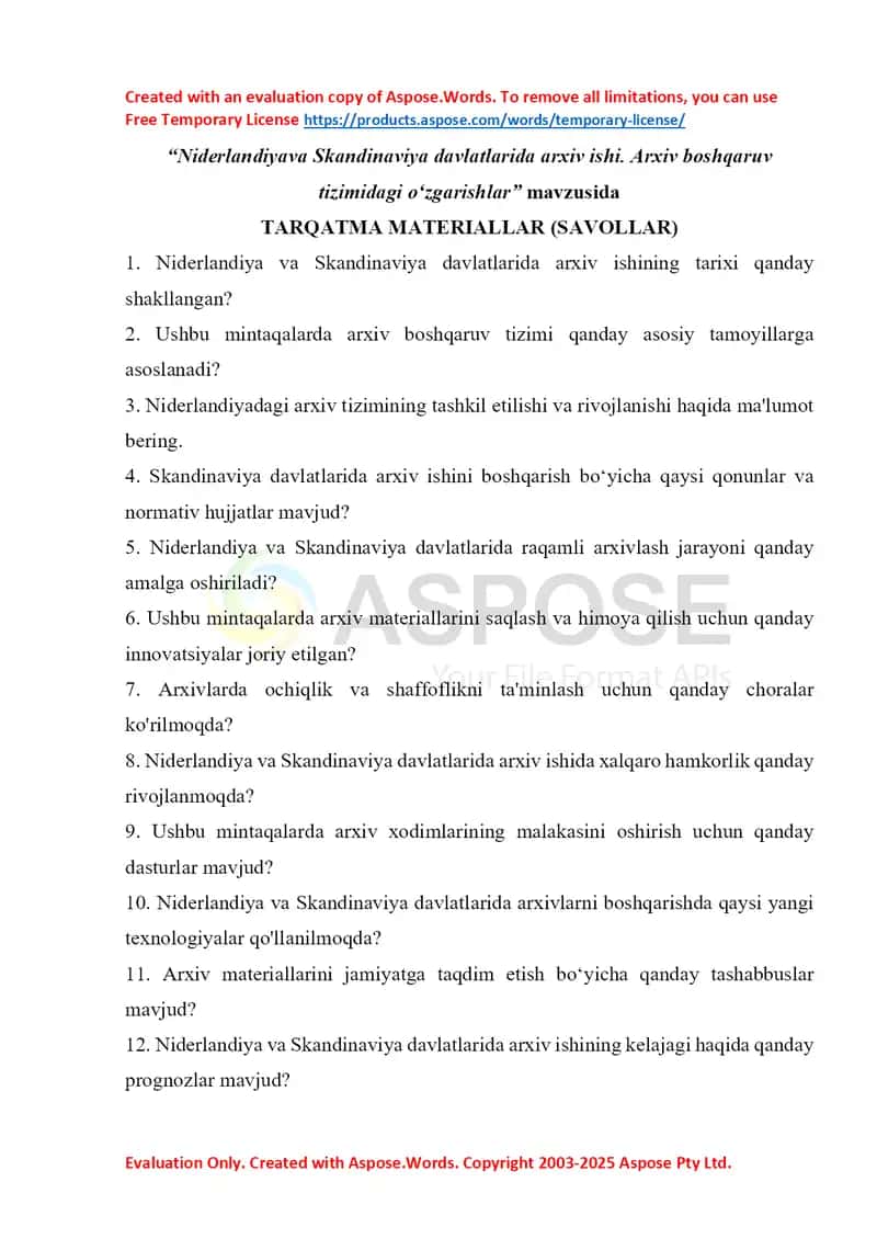 Tarqatma material “Niderlandiya va Skandinaviya davlatlarida arxiv ishi. Arxiv boshqaruv tizimidagi o‘zgarishlar” 1